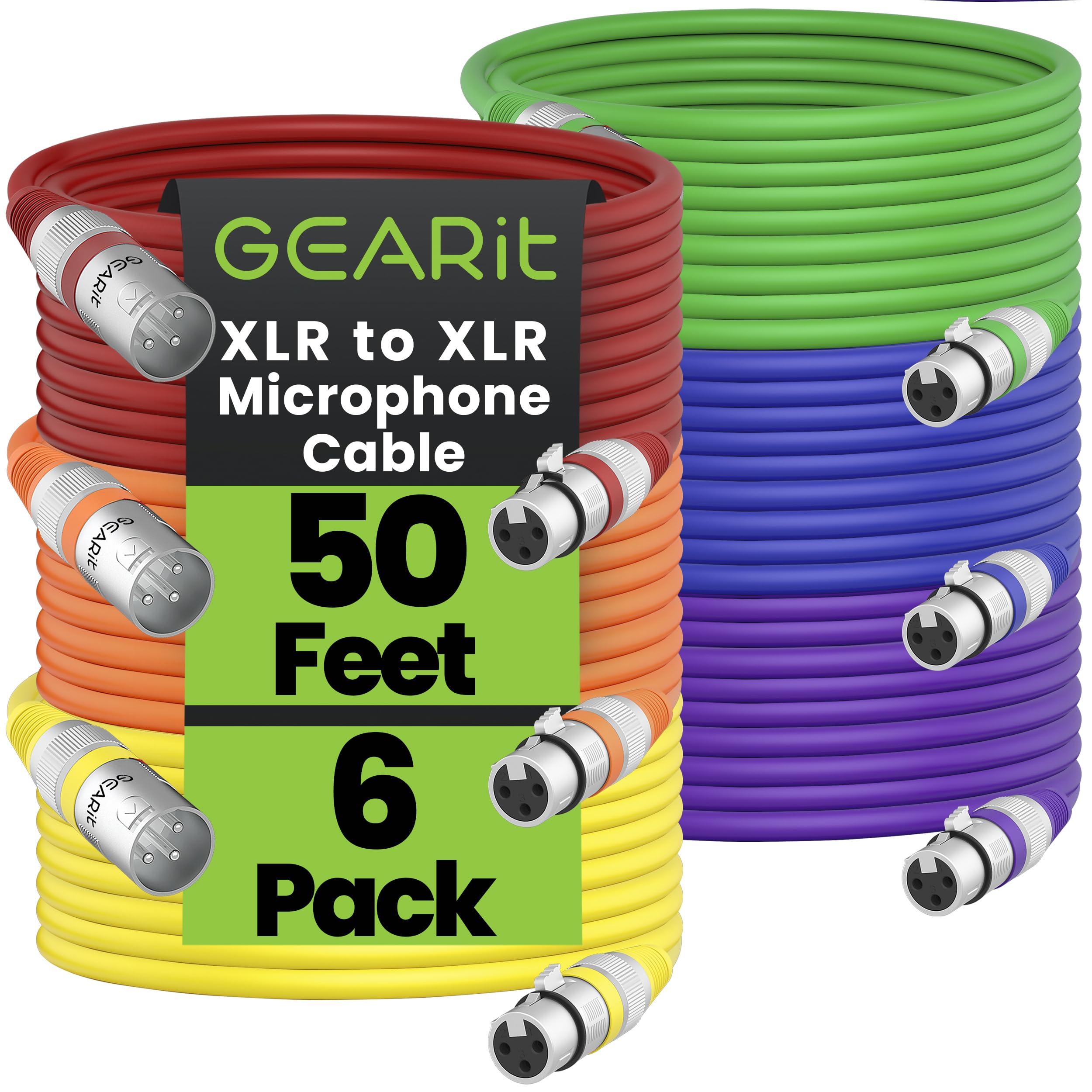 GearIT XLR to XLR Microphone Cable (50 Feet, 6 Pack) XLR Male to Female Mic Cable 3-Pin Balanced Shielded XLR Cable for Mic Mixer, Recording Studio, Podcast - Multi Colored, 50Ft, 6 Pack