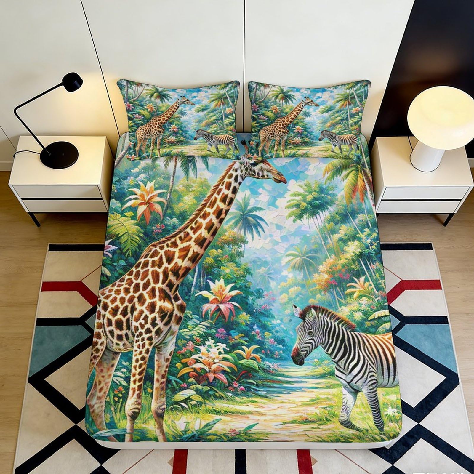 3D Printed Jungle Safari Fitted Sheet Microfiber Soft Animal Forest Mattress Cover for Bedroom Guest Room Decor 200x200x25cm