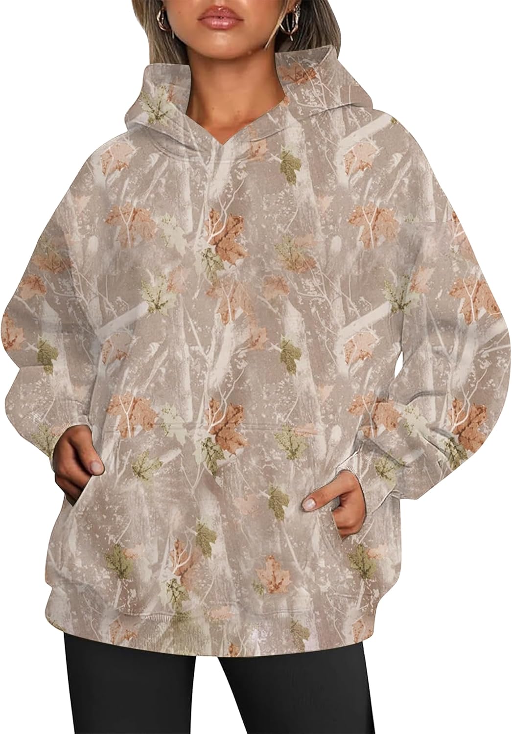 Women oversized fleece camo hoodie with maple leaf design