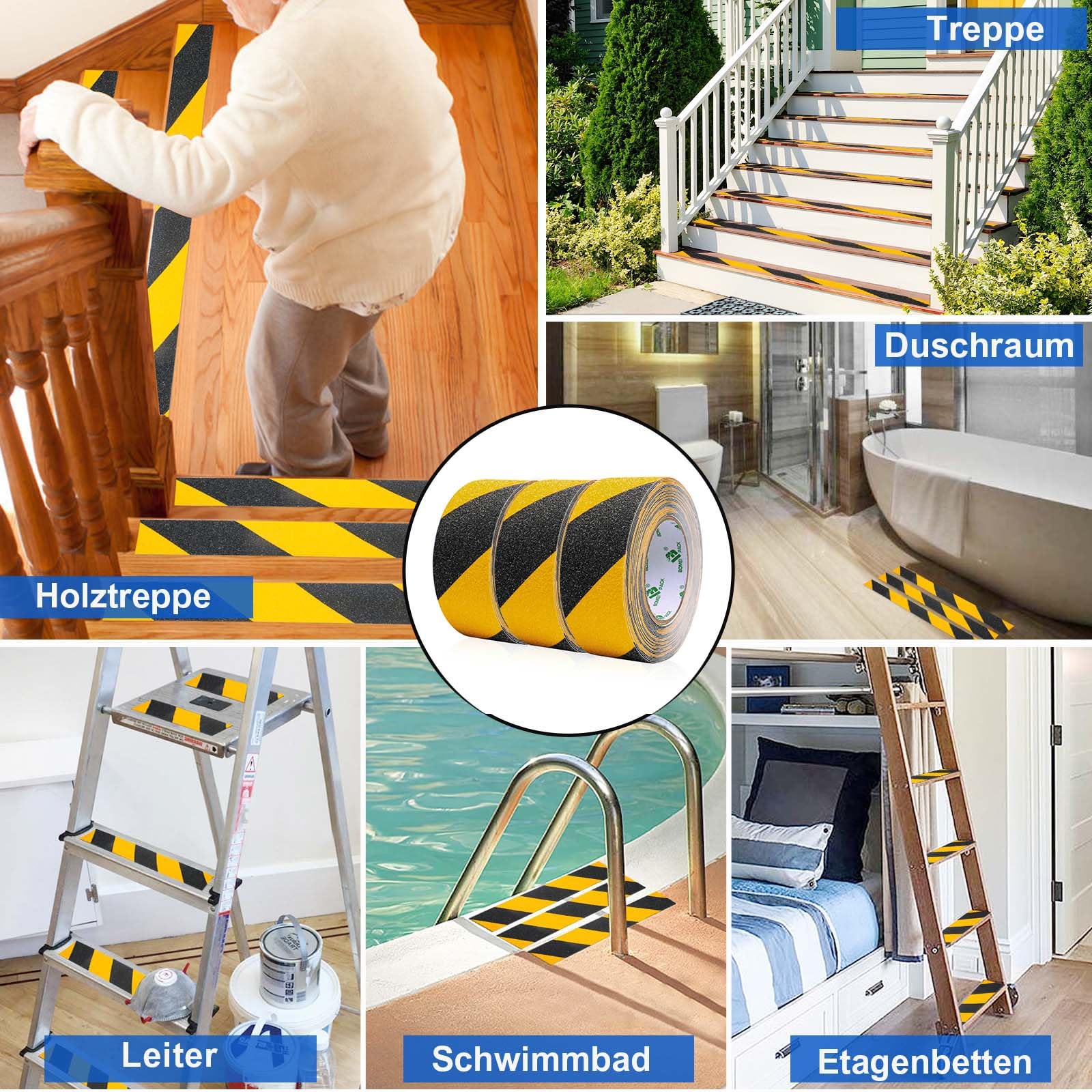 BOMEI PACK Antirutsch Klebeband Streifen mit Selbstklebend, 3 Rollen von 5cm x 10m Treppe Stufen Band Kleber Rutschfest Klebeband, schwarz-gelb, Hohe Traktion Pad für innen- und Außenbereich