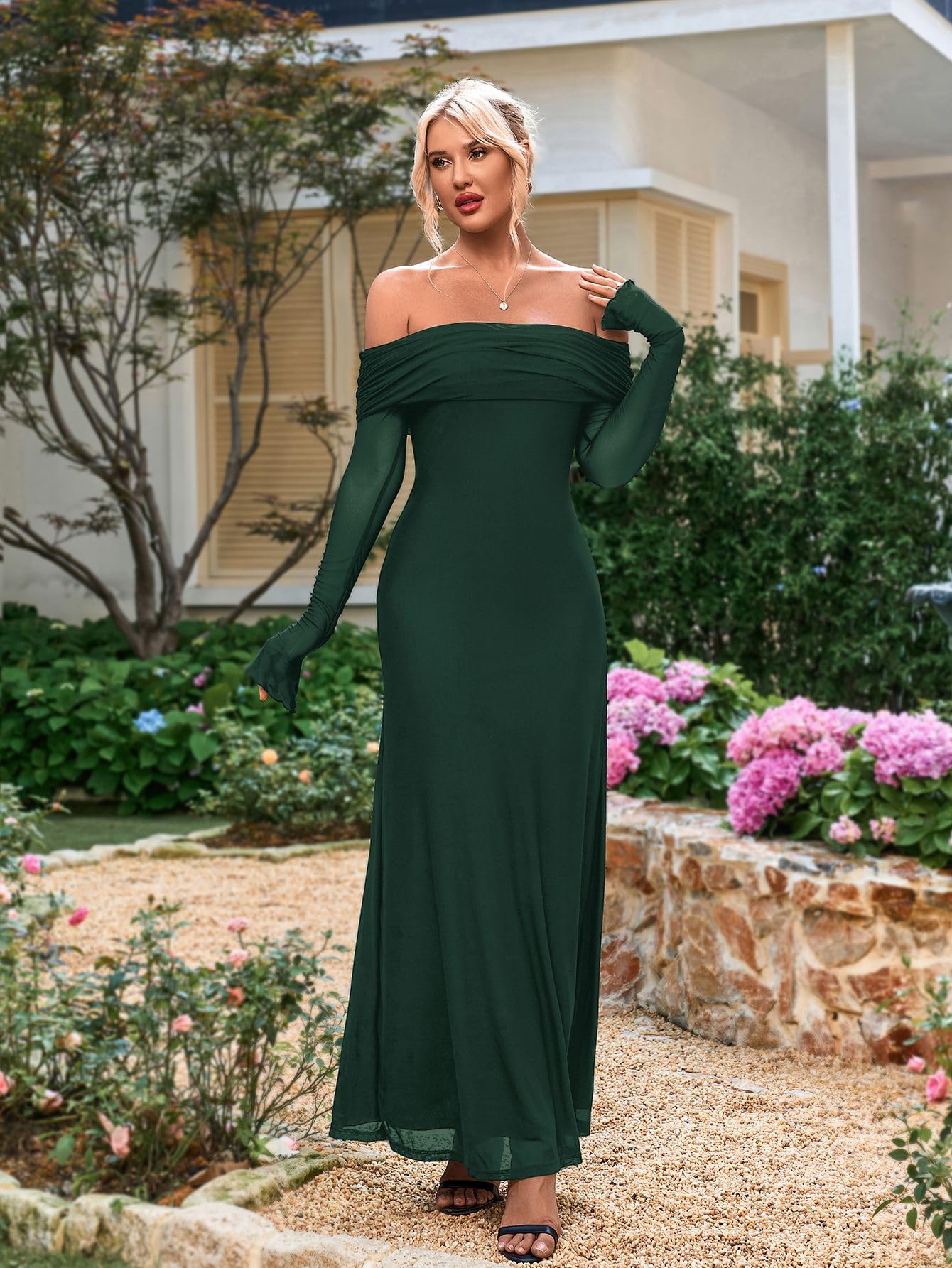 KUTUMAI Vestido largo ajustado con hombros descubiertos para mujer, manga larga, tul fruncido, para fiesta, boda, invitada formal
