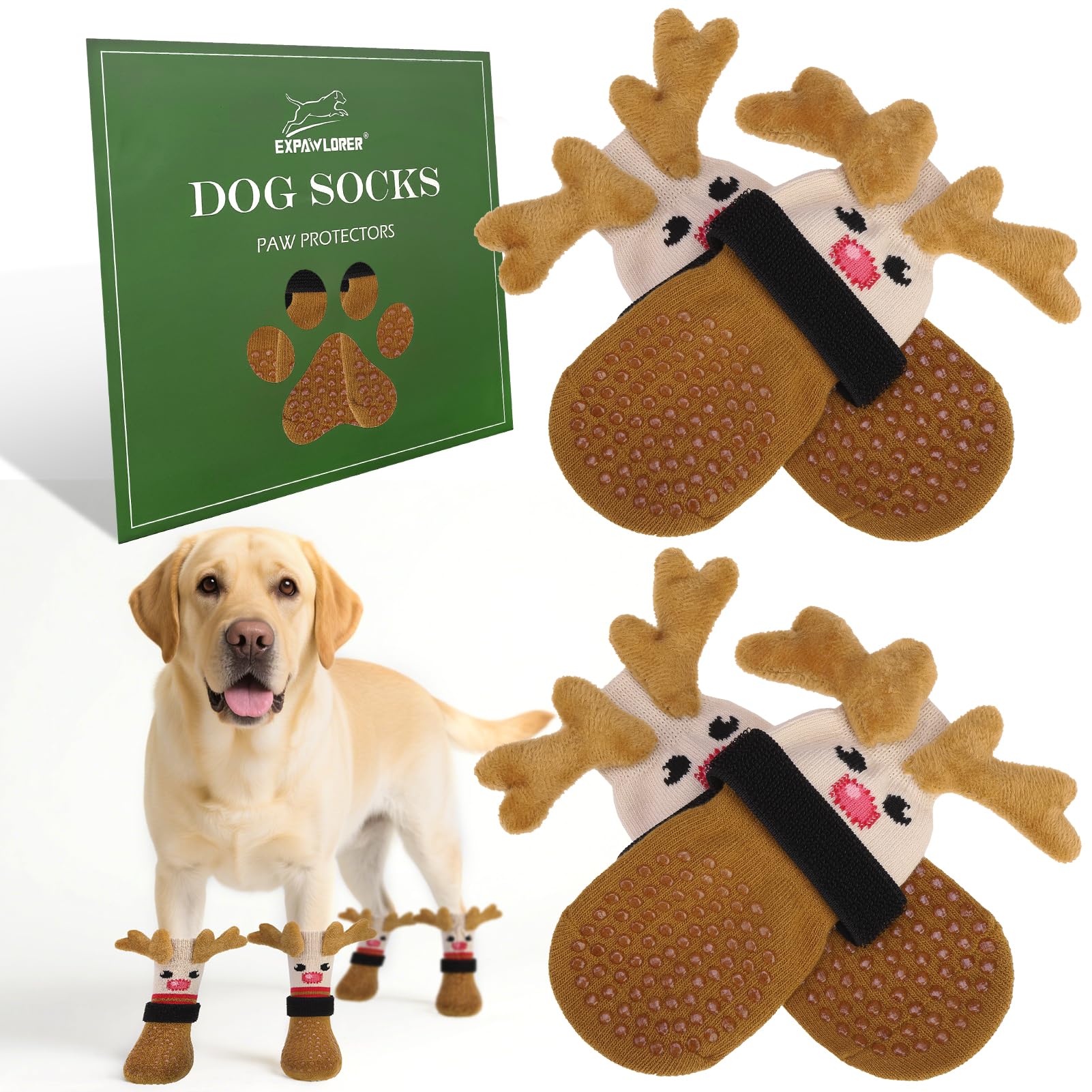 EXPAWLORER Christmas Anti Slip Dog Socks to Prevent Licking Paws, Boots &amp; Paw Protectors with Grippers,Doggie Booties for Hardwood Floors for Small Medium Large Senior Dogs Lifelike Costume Reindeer L