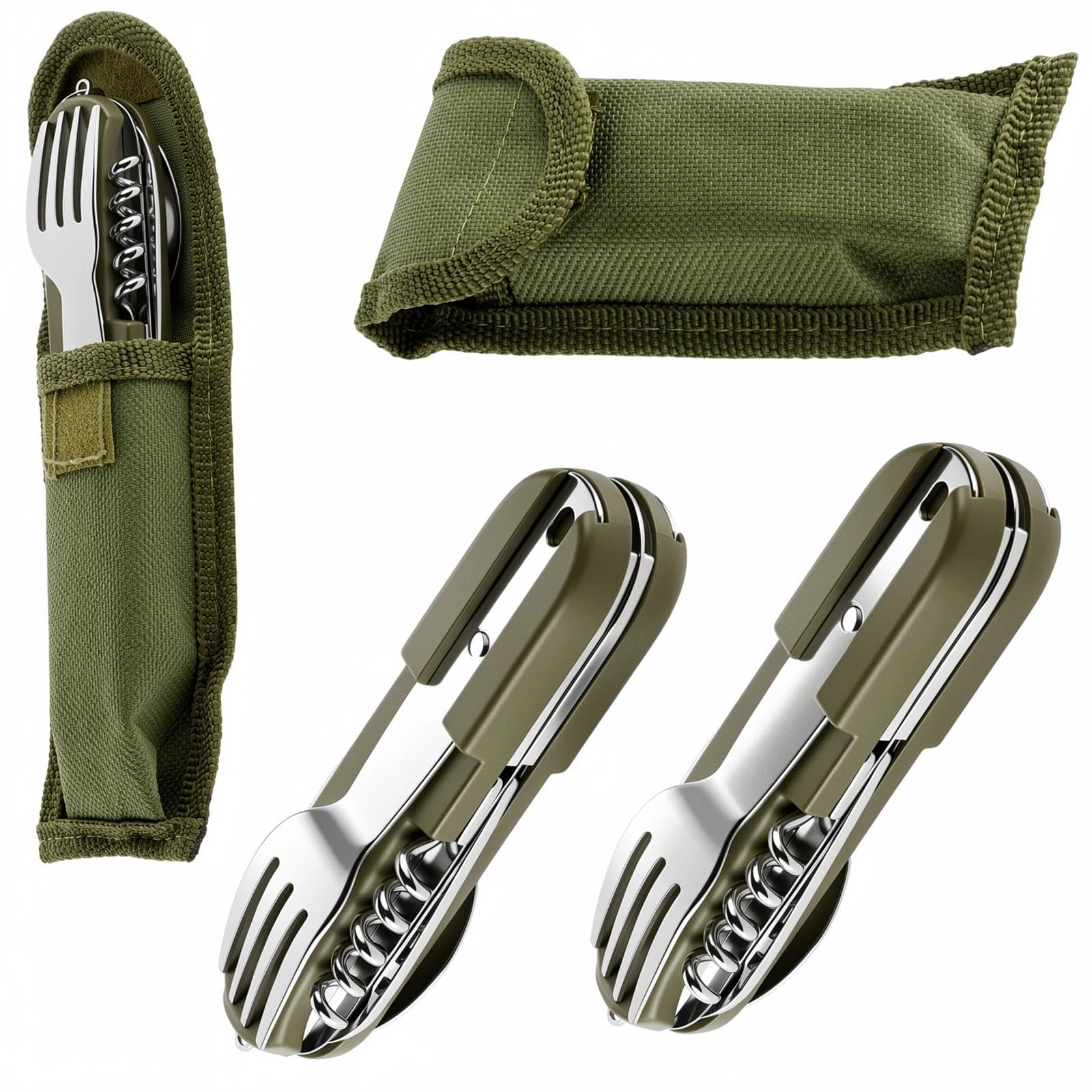 2 Pack Posate da Campeggio,7 in 1 Posate Staccabili per Campeggio with Nylon Pouch,Folding Camping Cutlery Set for Travel, Hiking, Picnic.(Verde)
