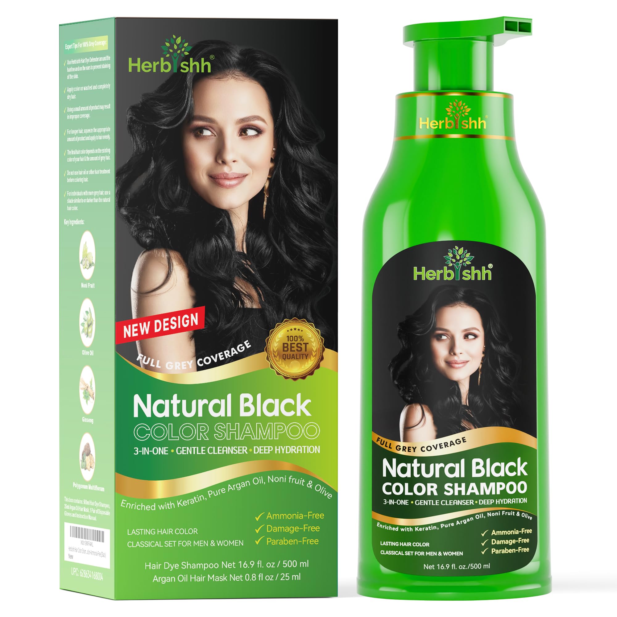Herbishh Hair Color Shampoo for Gray Hair – Natural Hair Dye Shampoo – Colors Hair in Minutes – Lasts Up To 3-4 Weeks – 500ML – 3-In-1 Hair Color – Colors, Cleanses, and Conditions (Black)