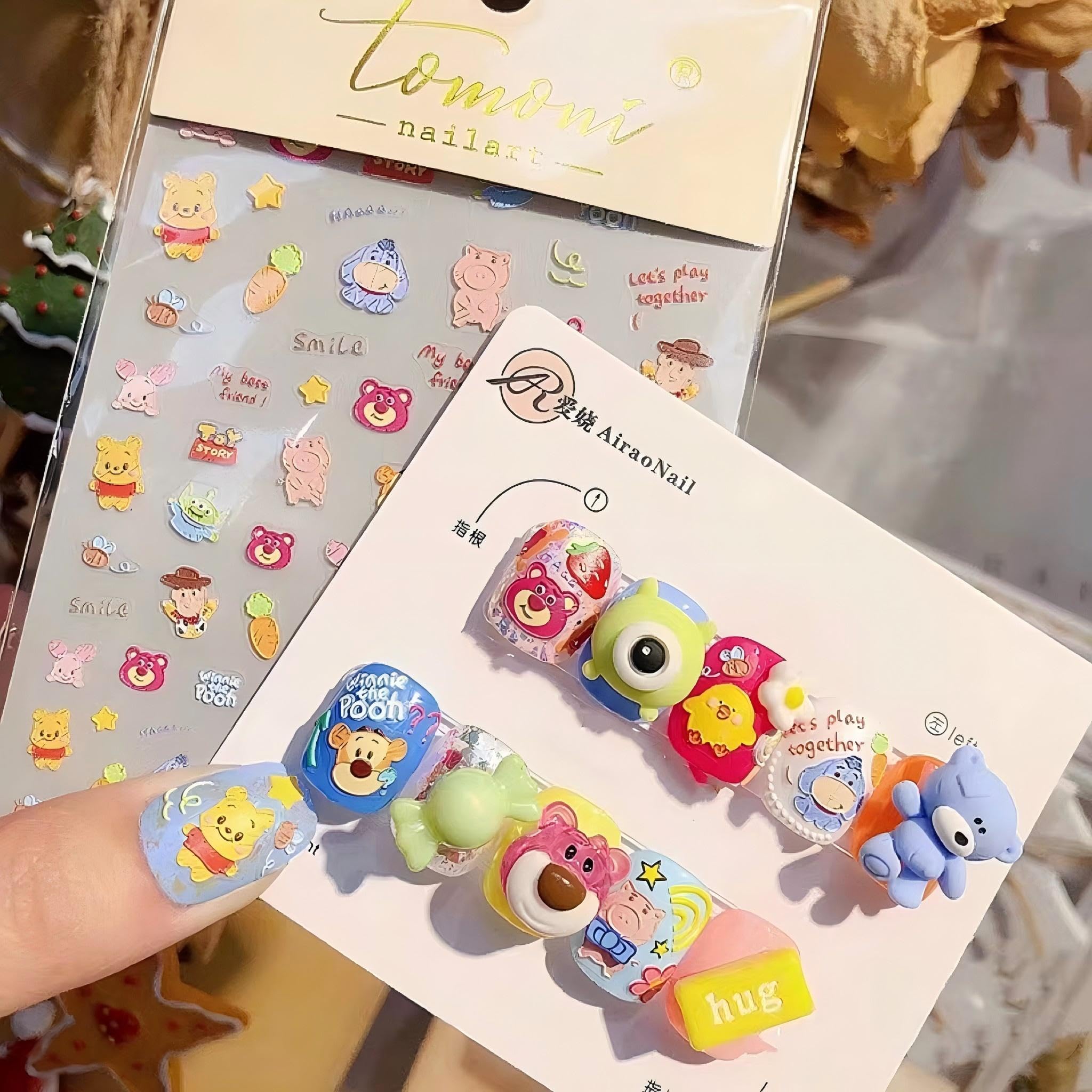 Dedyel Cartoon Nail Stickers 5D Embossed Cute Nail Art Sticker Decals + 3D Cartoon Nail Art Accessories for Women Girls Kids Nail Art Decoration