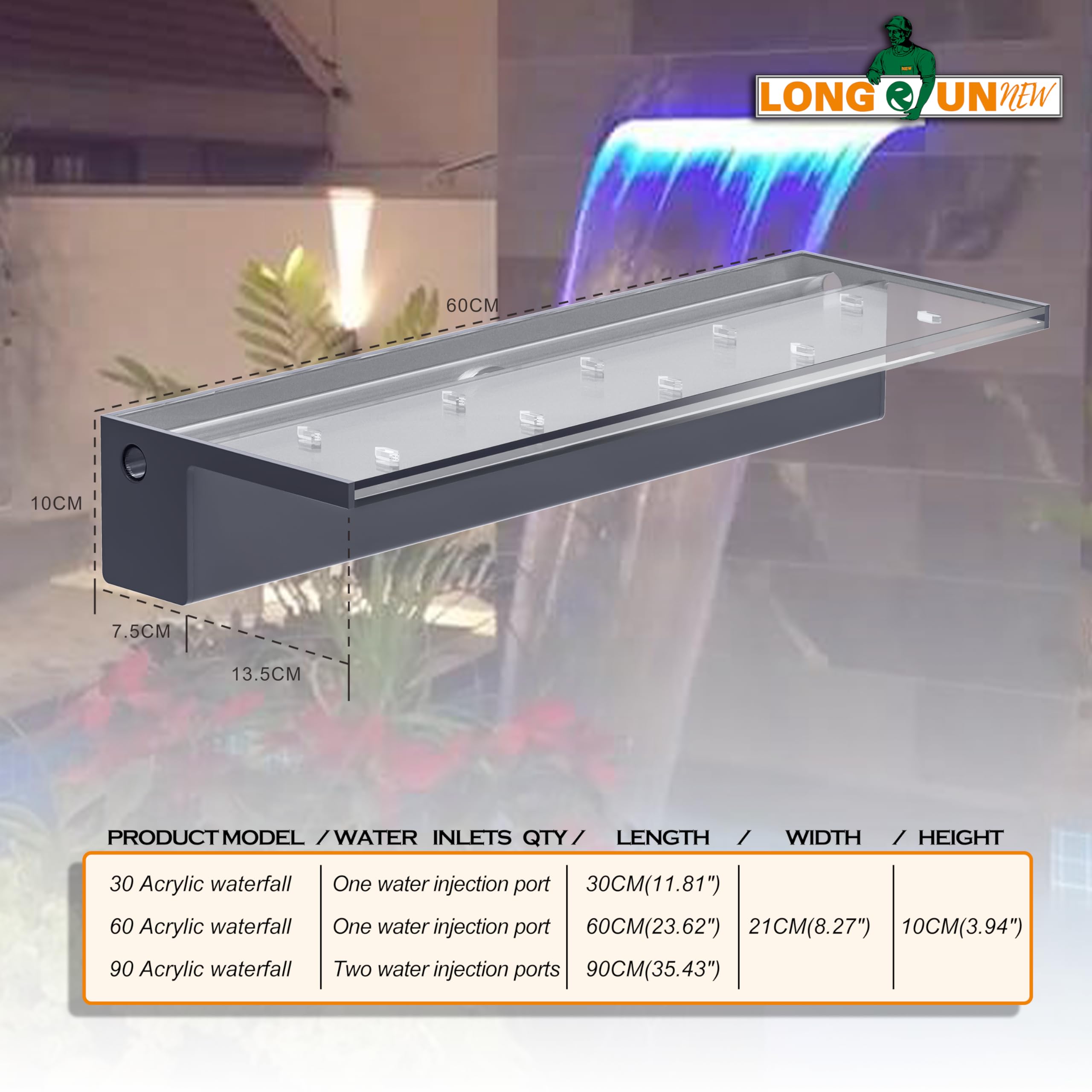 Kit per cascata artificiale, da 60 cm, in acrilico, con accessori, uscita dell’acqua da 20 cm di larghezza, per piscina, giochi d’acqua, giardino, patio, decorazione da laghetto