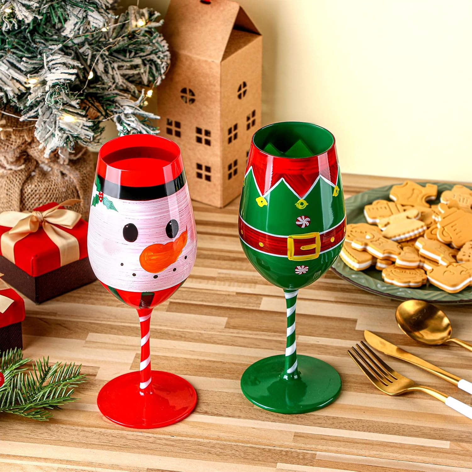 Umigy Set of 2 Gift Christmas Wine Glasses 16 oz Festive Santa Belt and Snowman Stemmed Wine Glasses Drinking Goblets Cups with Stem Christmas Painted Glassware for Holiday Gift
