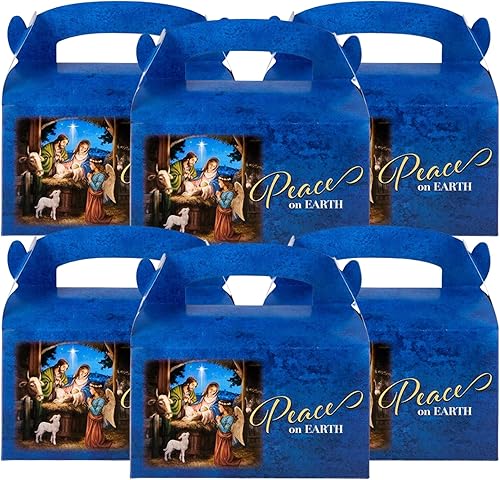 Needzo Peace on Earth - Cajas de cartón a dos aguas para dulces y golosinas navideñas con asas, caja de regalo de galletas de Navidad con belén y