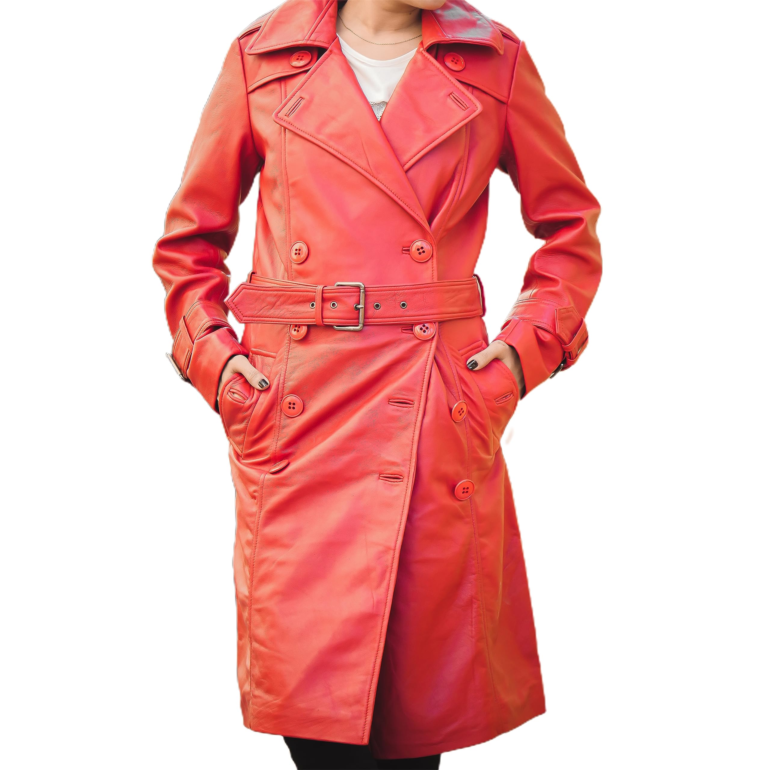 JildDouble Breasted Premium Leather Trench Coats for Women - Classic Lapel Car Coat Style Long Leather Jacket Women with Belt