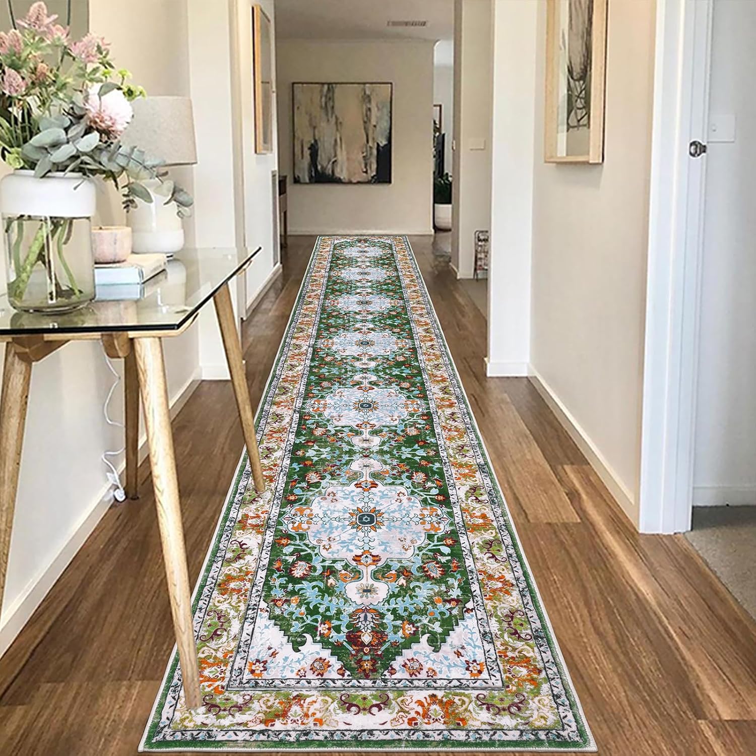 U'Artlines 2' x 14' Long Boho Hallway Runner Rug, Non Slip Washable Vintage Farmhouse Accent Area Rug Carpet for Kitchen Entryway Laundry and Living Room Green 2' x 14' (Runner) Green