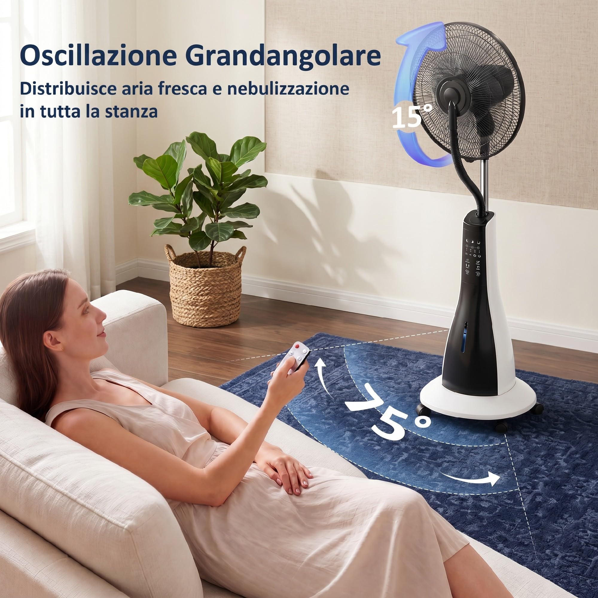 HOMCOM Ventilatore Nebulizzatore con Serbatoio da 3L, 3 Velocità e 3 Modalità, Ventilatore a Piantana con Ruote, Timer 7.5h, Oscillazione 75°, Inclinazione 15°, Display LED, Telecomando, 90W, Ø50cm