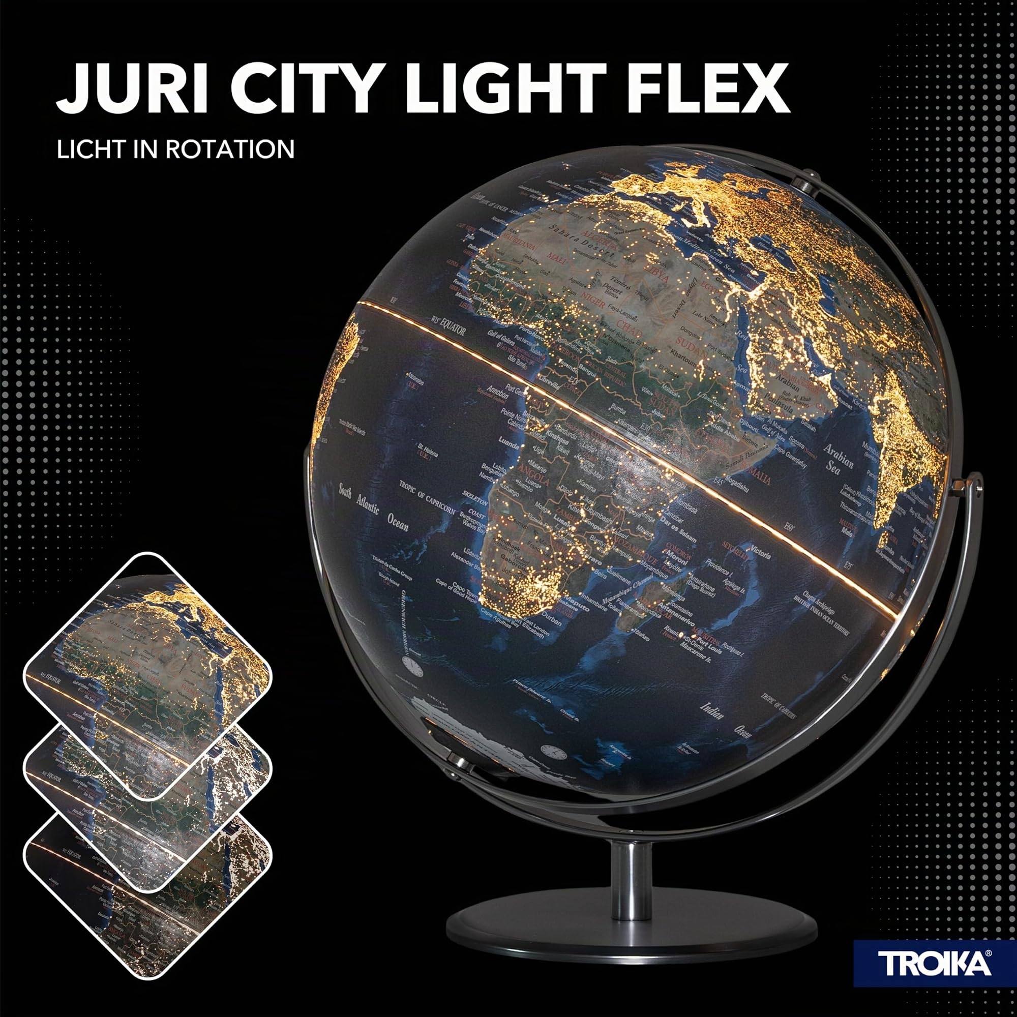 TROIKA Globus beleuchtet mit City Lights 30cm JURI CITY LIGHT FLEX auf verchromtem Metallfuß mit zwei bewegliche Achsen und wiederaufladbarem SOMPEX Lampenmodul aus Kunststoff und Metall in blau, grün
