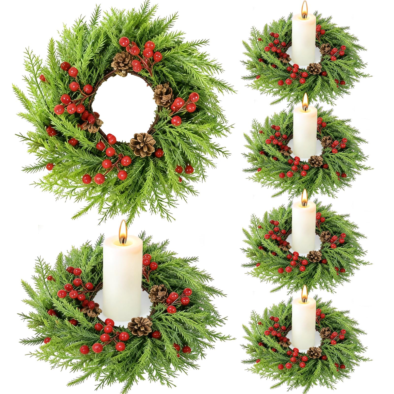 6 Pack Small Christmas Wreath Candle Rings Artificial Pine Branches with Pinecones Red Berries Fake Foliage Pine Needles Picks Candle Rings Holder for Table Centerpiece Home Door Window Chair Wall