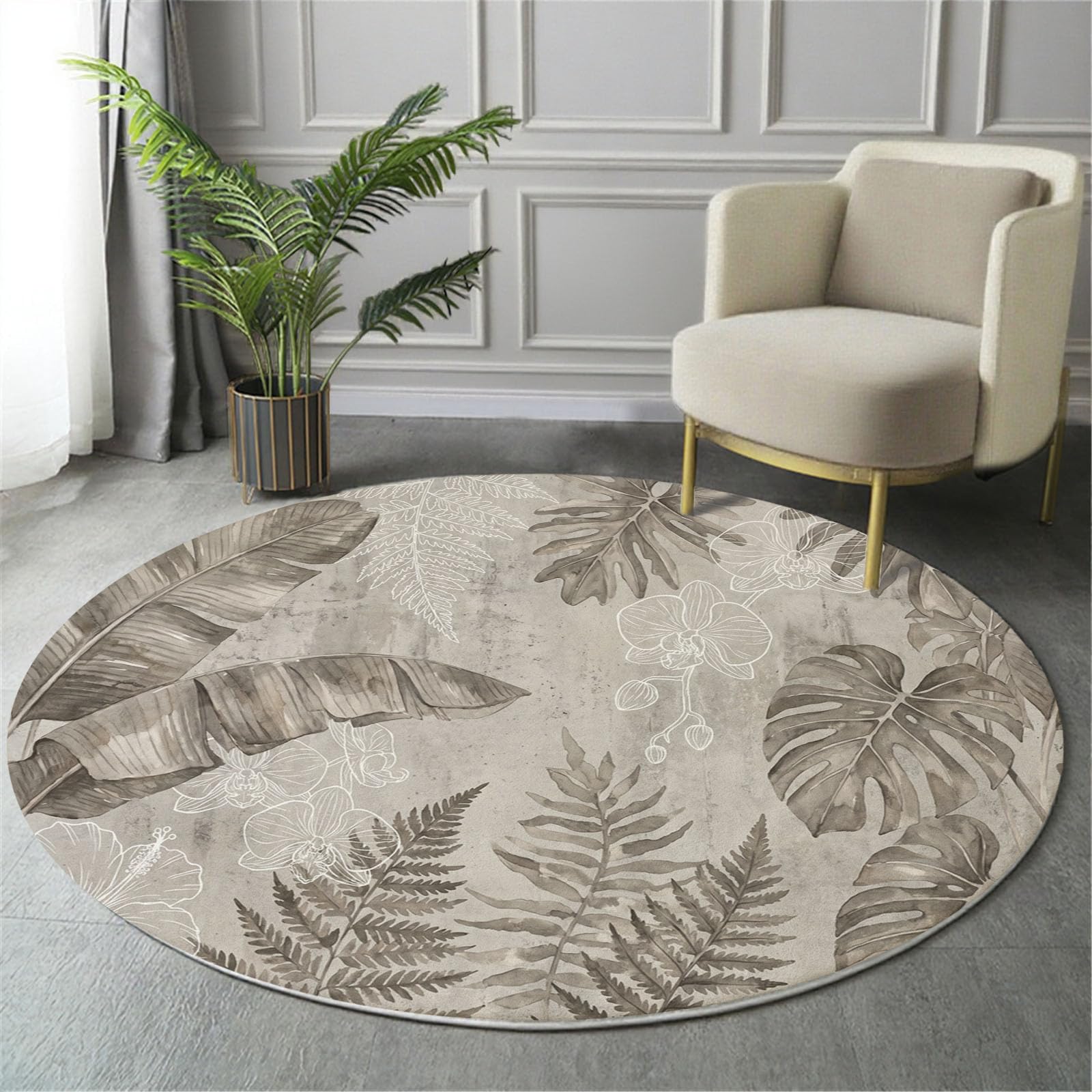 Tappeto Salotto Rotondo Grande Pelo Corto, Fiori E Piante Tropicali Grandi Antiscivolo Tondo Moquette,Foglie Banano Monstera Deliciosa Bambini Camera,Domestica Decor Tappeti (Ø 120 cm,Grigio)