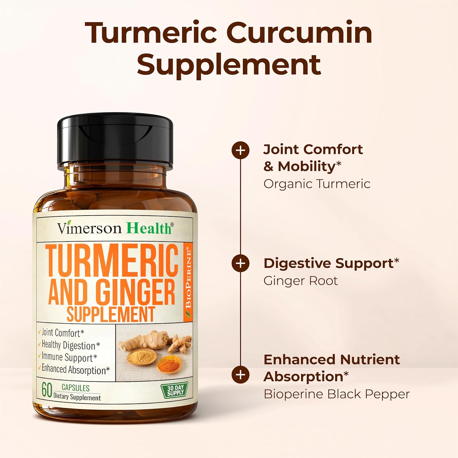Turmeric Curcumin Supplement with Ginger Root for Joint Support, Digestive & Gut Health - Contains Organic Turmeric Curcumin with Black Pepper (Bioperine) for Enhanced Absorption - 60 Capsules, 2 Pack - Image 5