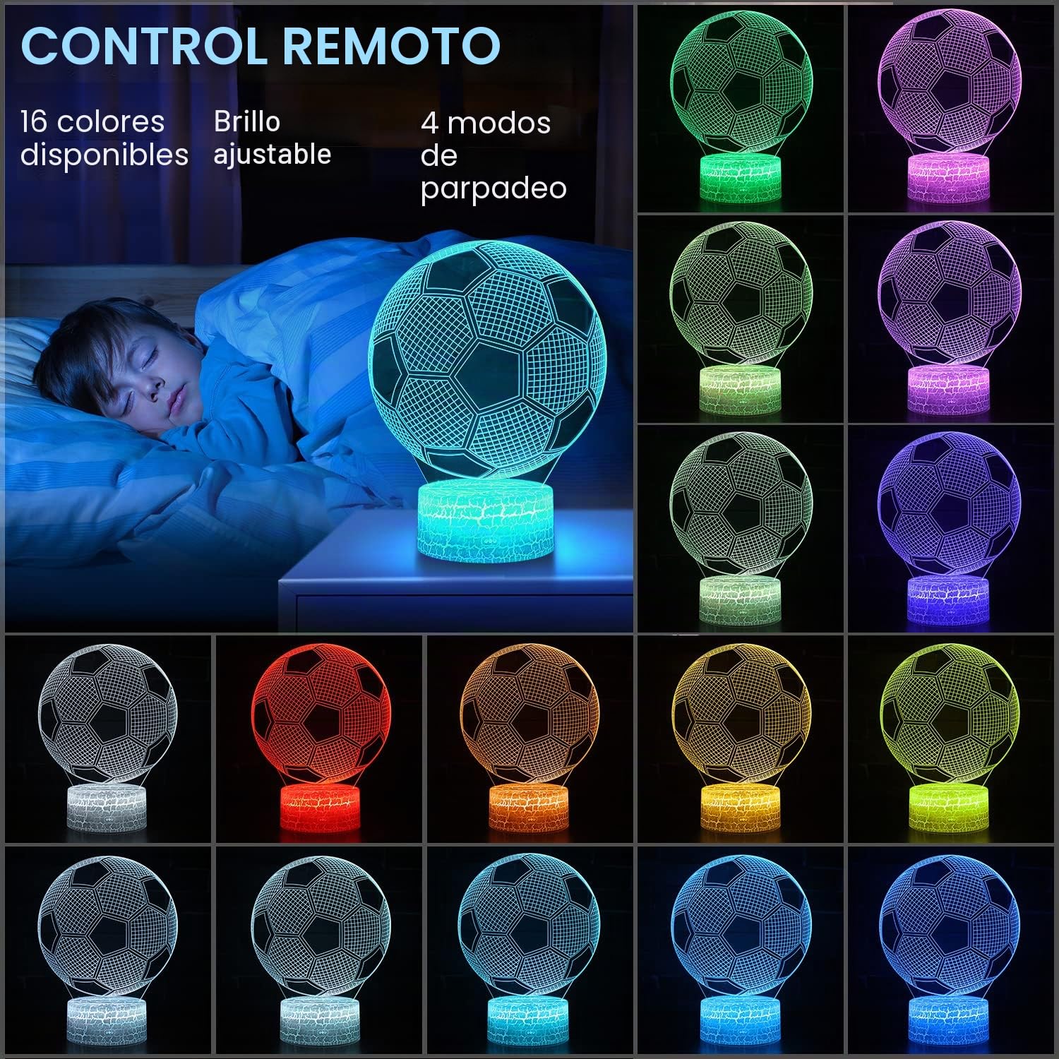 Lámpara 3D LED Fútbol para Niños con Control Remoto 16 Colores