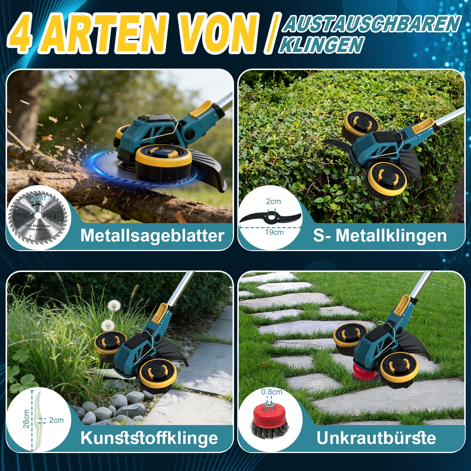 Desbrozadora Bateria 21V, Cortabordes Bateria Brushless con 2 Baterías 4,0Ah, Cepillo de Malas Hierbas, Desbrozadora Electrica 4 En 1 con Ruedas, Cortacesped Electrico Telescópico, Azul