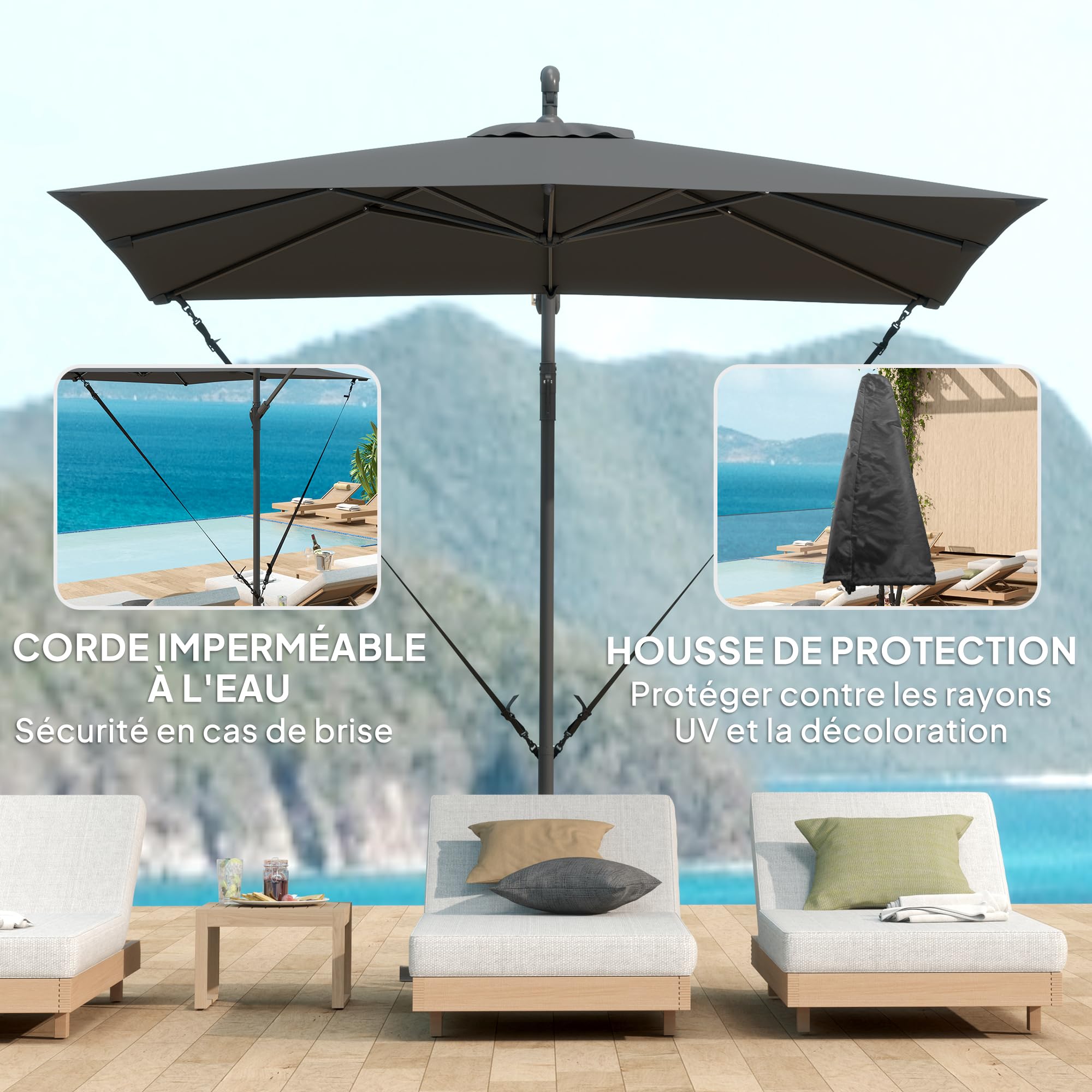 Outsunny Parasol Déporté 2,5 x 2,5 m Toile Ajustable Manivelle