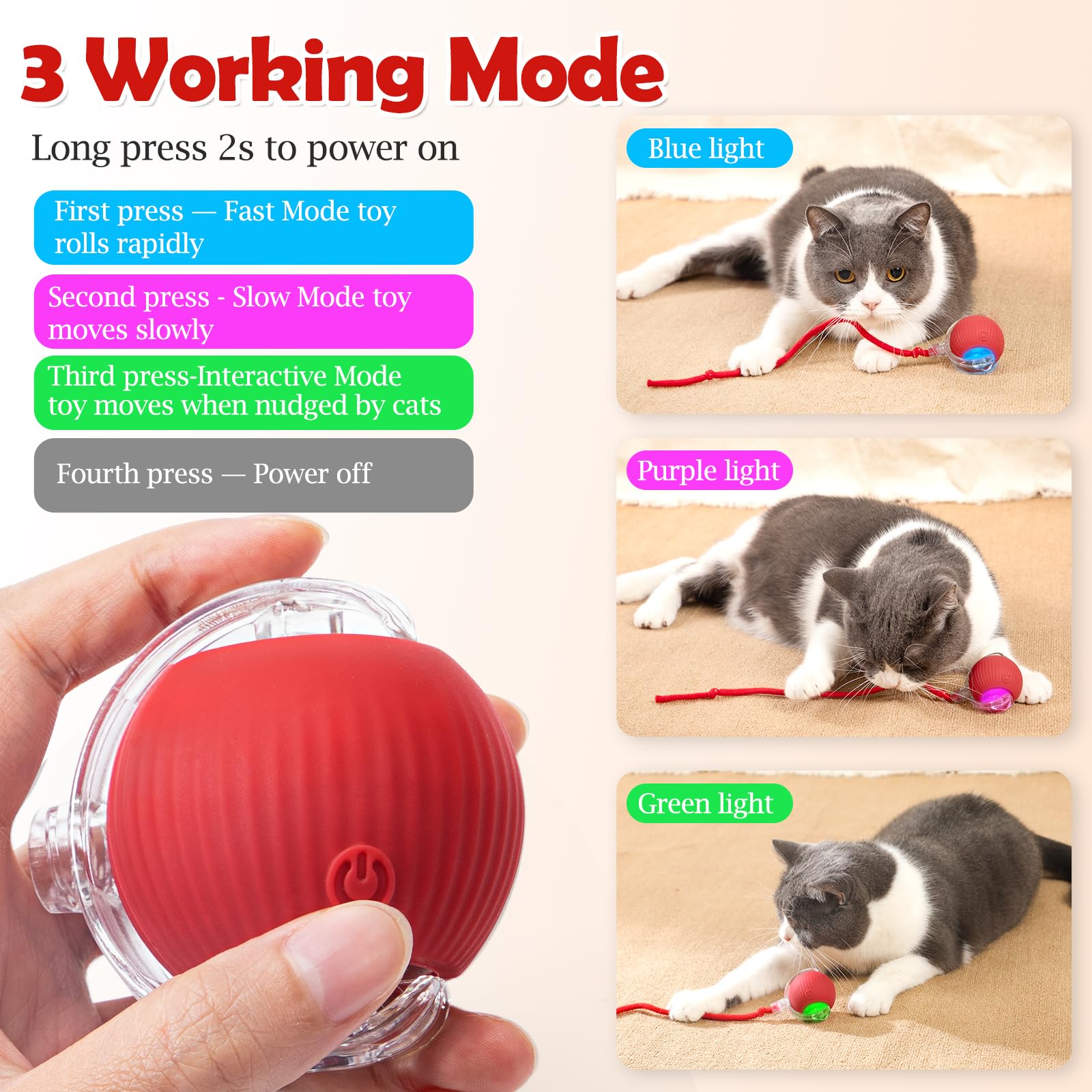 Wodine Interactive Cat Toy - Cat Toys For Indoor Cats Smart Silicone Rolling Ball With Tail,Bird Sound,Obstacle Avoidance And Motion Activated,Kitten Puzzle Toys (Red) 2
