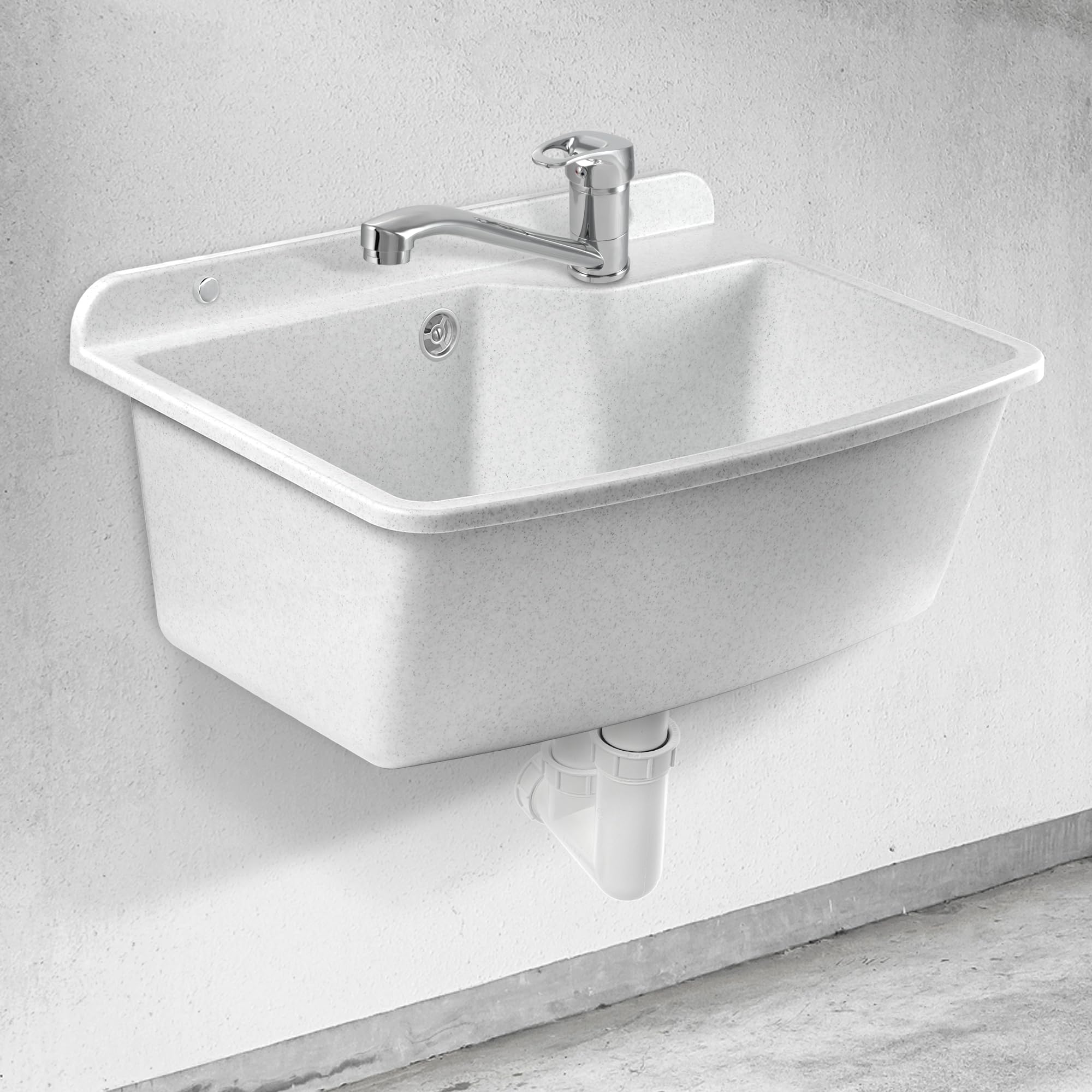 GOSPO Fregadero con grifo de pie, lavabo 61 cm x 44 cm x 23,5 cm, lavabo con rebosadero y sifón, incluye accesorios, color blanco