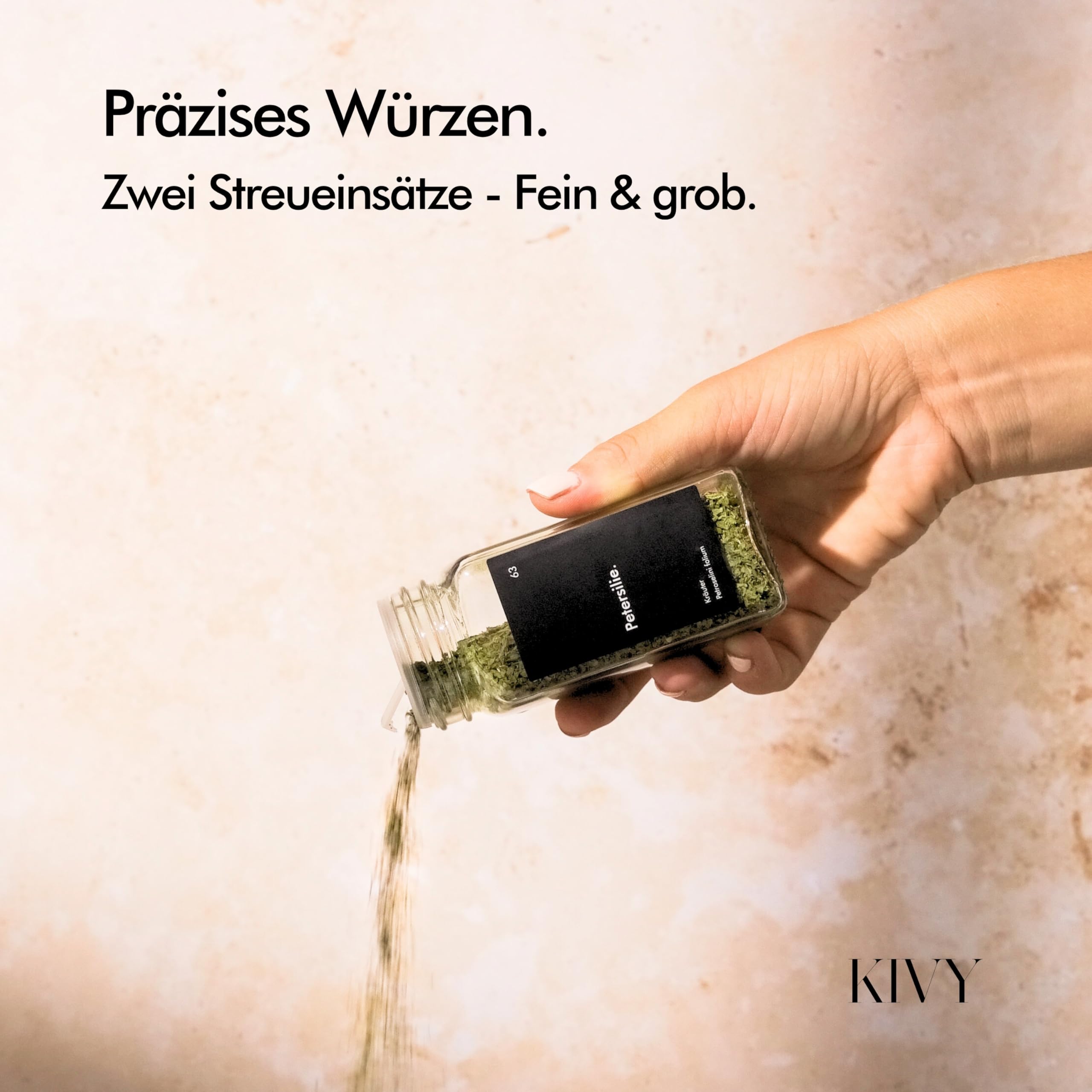KIVY Gewürzgläser mit Streueinsatz - 12x 120ml + 120 Etiketten - Luftdicht | Wasserfeste Etiketten - Luftdichte Gewürzgläser Eckig - Gewürzstreuer Glas - Spice Jars Set - Gewürzbehälter