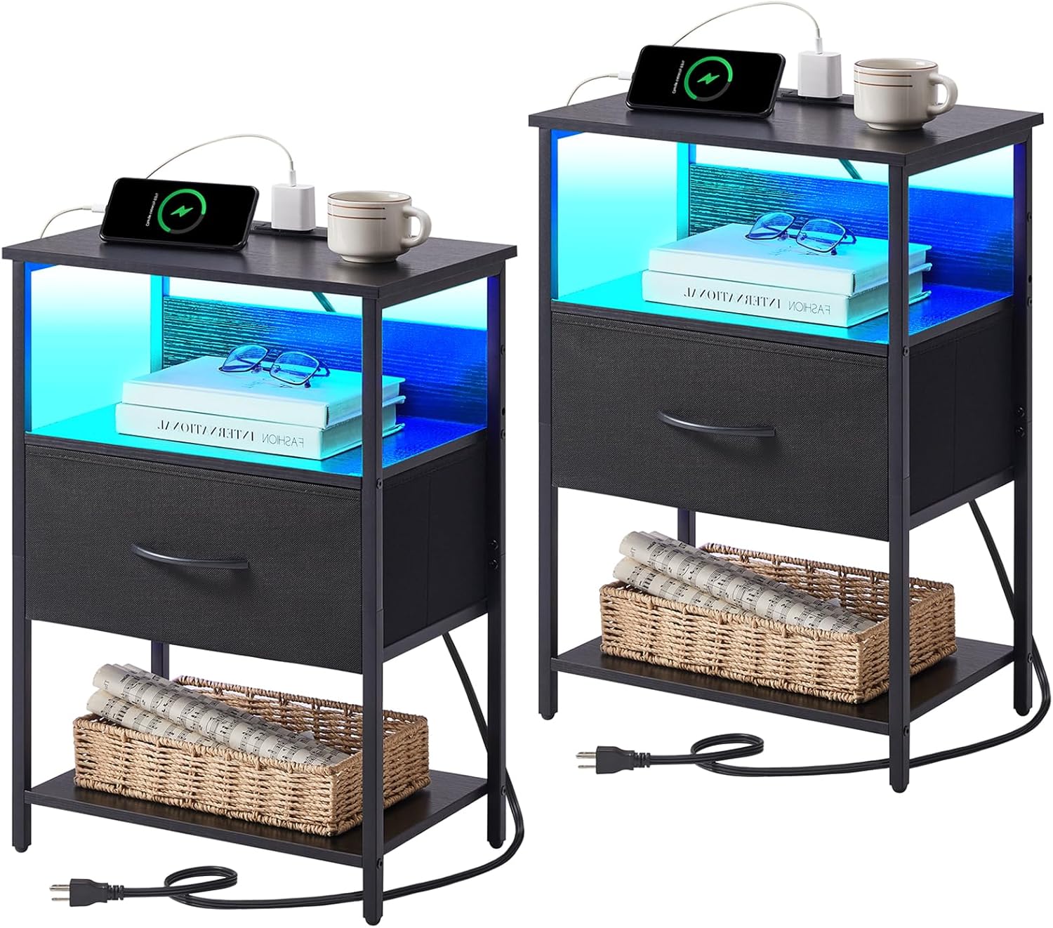 (Similar to) Somdot Black Nightstand Set of 2 with Charging Station and LED Light for Bedroom, Bedside Table End Table for Dorm Bedside Laundry Closet Entryway Hallway, Black 11.8\"D x 16.5\"W x 24.6\"H (1 Drawers) Black 2