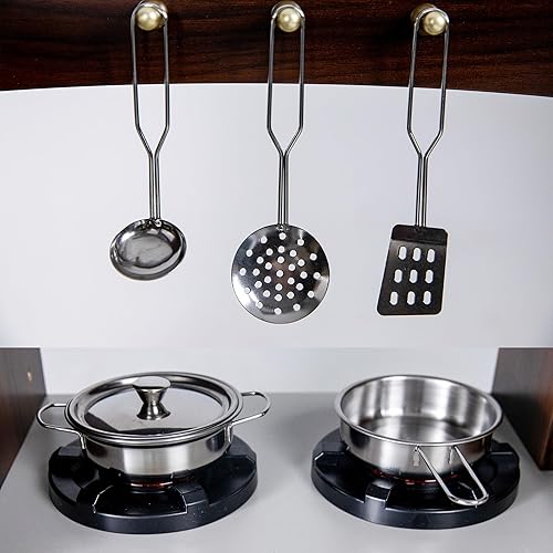 Miniatura 7 de Juego de cocina para niños con luces y sonidos, cocina de esquina de madera con fregadero, horno, máquina de hielo y accesorios de juego de