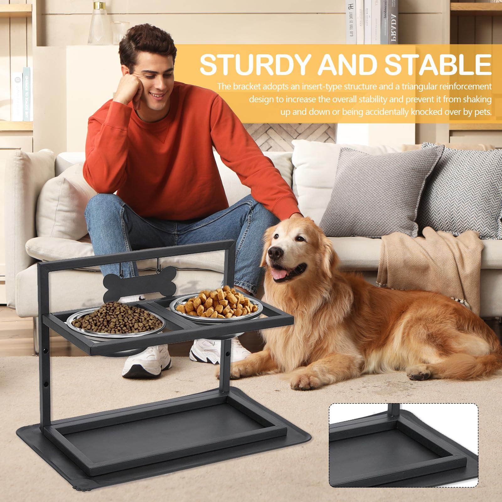 Comedero Elevado para Perros con 2 Cuencos De Acero Inoxidable Tapete Antifugas Altura Ajustable En 3 Niveles Color Negro 42 X 32 X 20,5 Cm