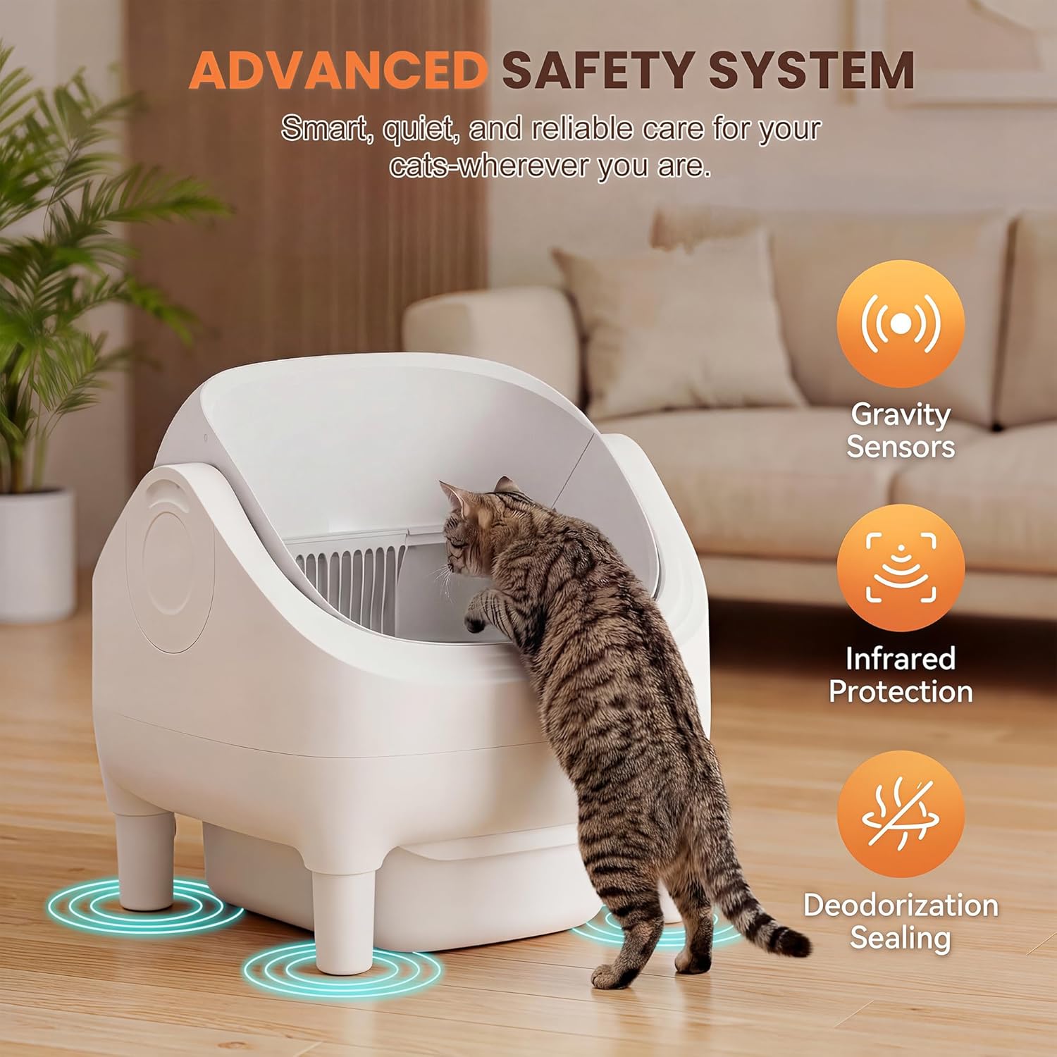 Self Cleaning Cat Litter Box, Greesum Automatic Open-Top Smart Litter Box with App Control, 15L Odor-Sealed Waste Bin, Quiet 35dB, Safety Sensors for Large Cats & Multi-Cat Homes