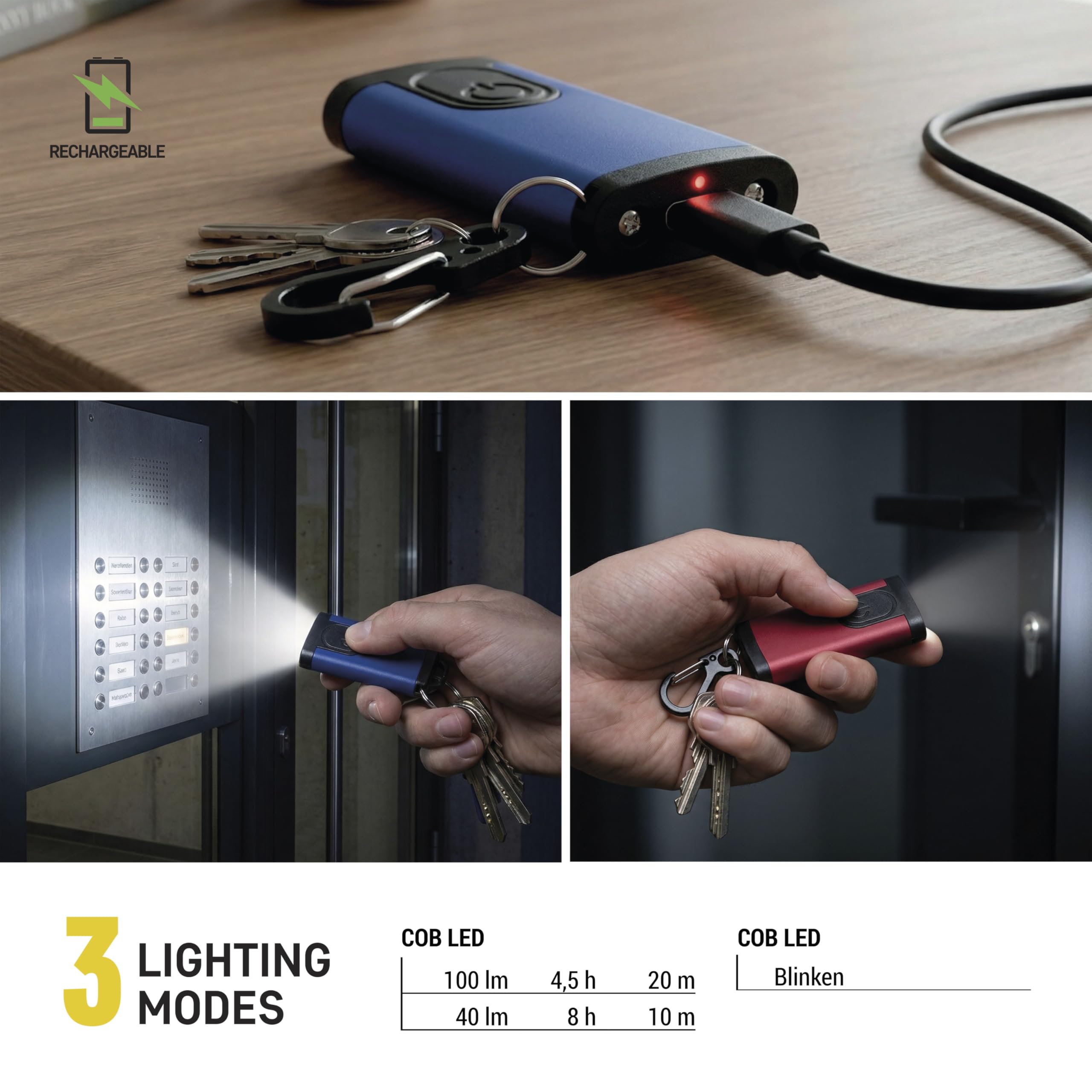 EMOS - Linterna LED recargable con clip en 2 colores cada 6 unidades – 3 modos de luz - Flujo luminoso de 100 lm, alcance de 20 m - Batería Li-pol de 200 mAh 3,7 V – 4,5-8 h de uso - Incluye cable de