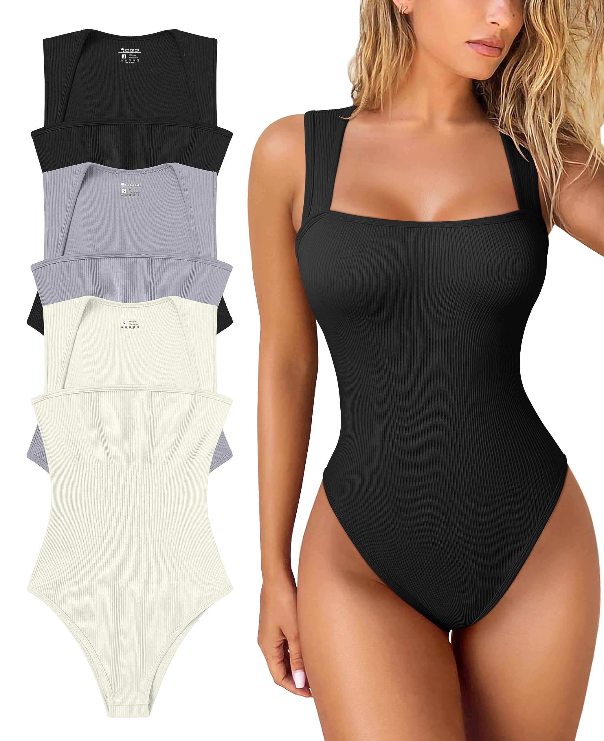 OQQ3 Piece Women's Sexy Ribbed Straps Square Neck Sleeveless Tummy Control Tank Top Bodysuits