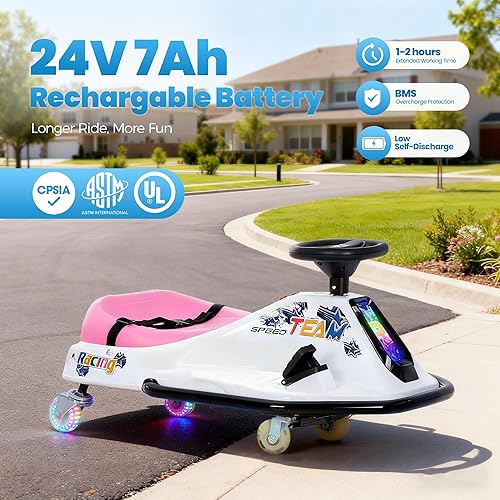 Miniatura 7 de Go Kart eléctrico de 24 V para niños a partir de 3 años, ruedas brillantes mejoradas, auto de interruptor de dos velocidades, antirvuelco con