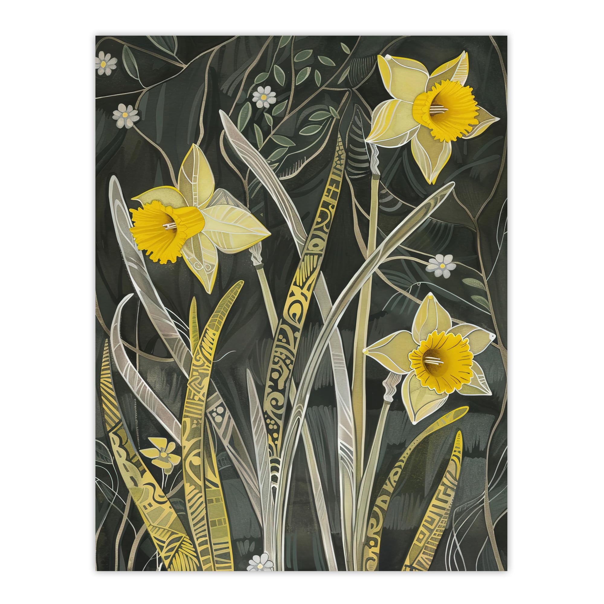 Artery8 Daffodil Green Forest Artwork Dark Spring Floral Living Room Unframed Wall Art Print Poster Home Decor Premium