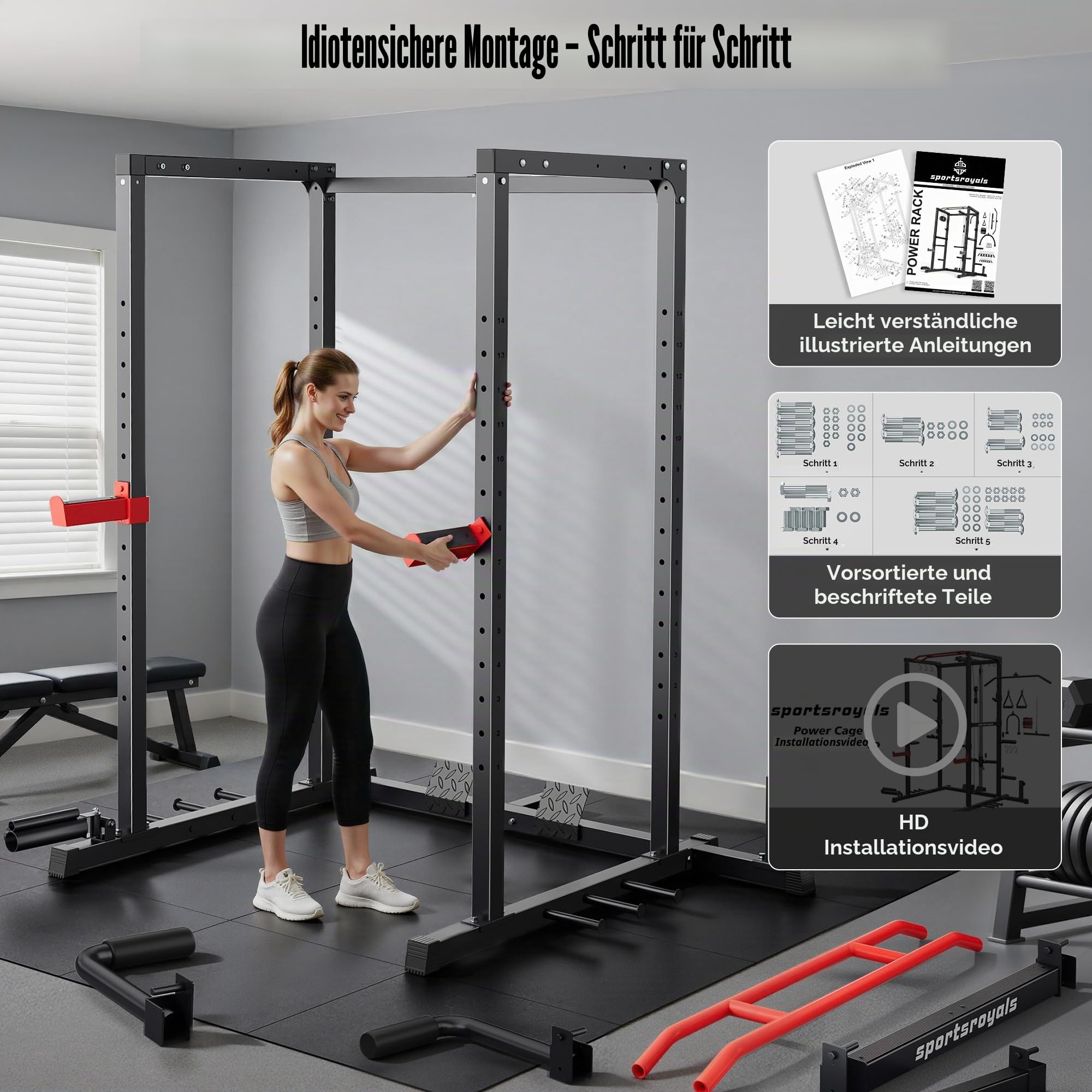 Sportsroyals Power Rack, multifunktionaler Power-Käfig mit LAT-Pulldown-Riemenscheibensystem, Kniebeugenständer mit mehr Trainingsaufsätzen für Zuhause, Fitnessstudio, 544 kg Tragkraft, Rot