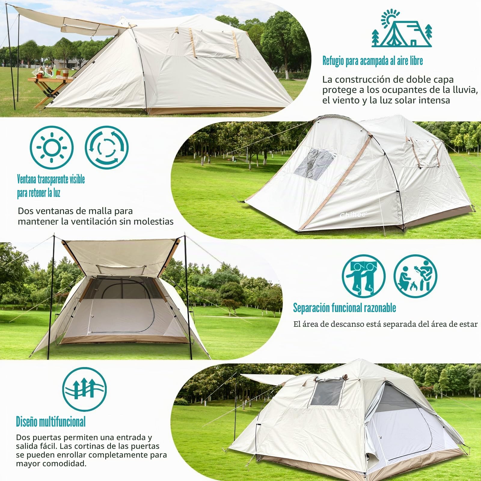 Chihee Tiendas de Camping Carpa Pop-Up Portátil,Carpa Familiar 2 Puertas Montaje Instantáneo Tienda Grande Resistente a la Intemperie Tienda 4 Estaciones con Toldo Incluye Bolsa de Transporte Rainfly