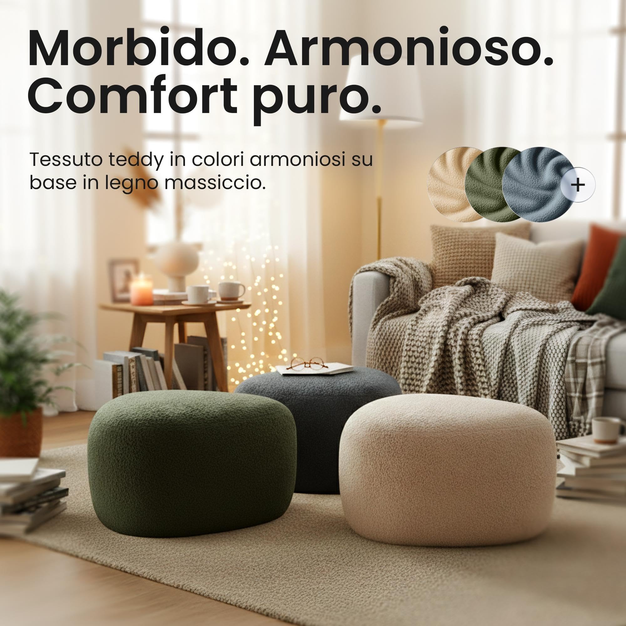 CLP Pouf ovale Alfrisa, pouf imbottito in tessuto Teddy, poggiapiedi imbottito per soggiorno e camera da letto, struttura in legno stabile, Colore:crema