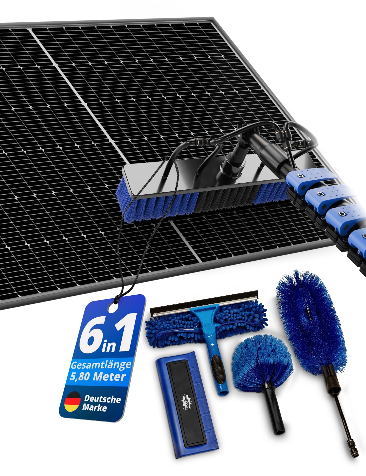 BoomDing Teleskop Waschbürste mit Photovoltaik Schneeschieber – 5,8 m – All-in-One Reinigungsset mit 5 Aufsätzen für PV Anlage, Wintergarten, Dachrinne & Terrassendach – mit Seifenspender