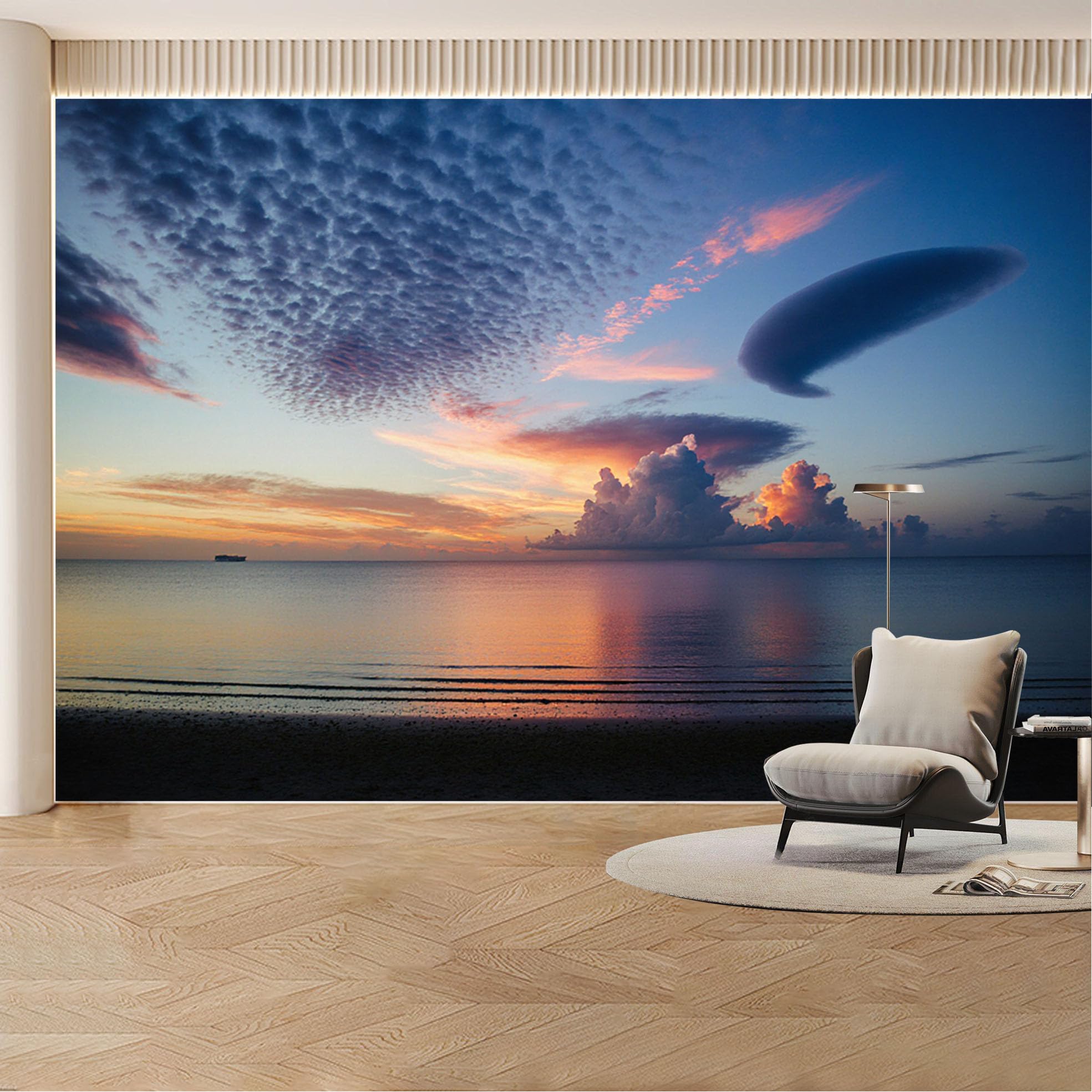 Custom Wall Mural Wallpaper Ocean Sunset Clouds， Landscape Nature 3D Effect Wall Decor， Minimalist Luxury for Living Room， Bedroom， Office