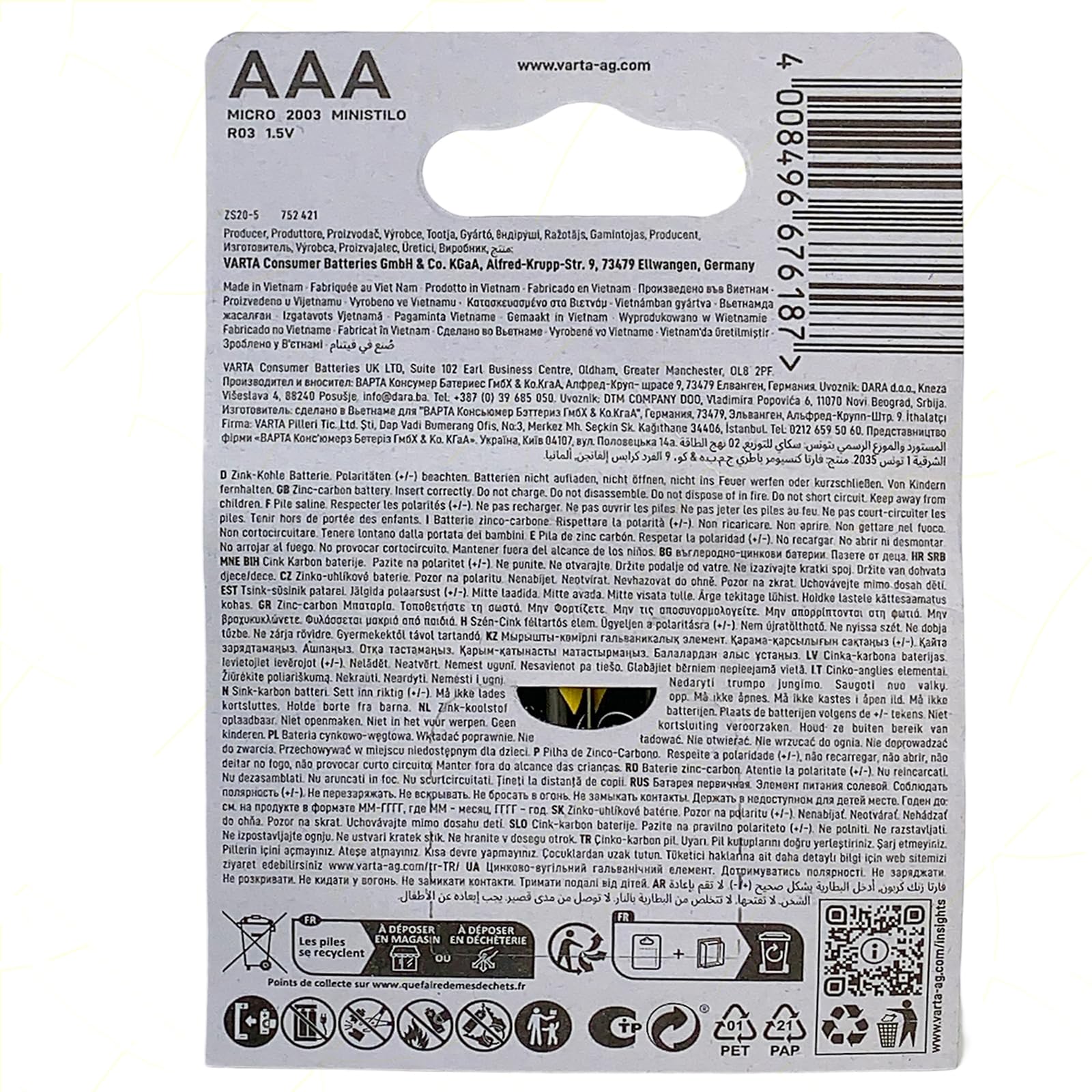 Varta Superlife Zinc Batteries | pour télécommandes, lampes de poche et appareils à faible consommation | Fiables et économiques (Ministilo AAA R03, 4 packs)