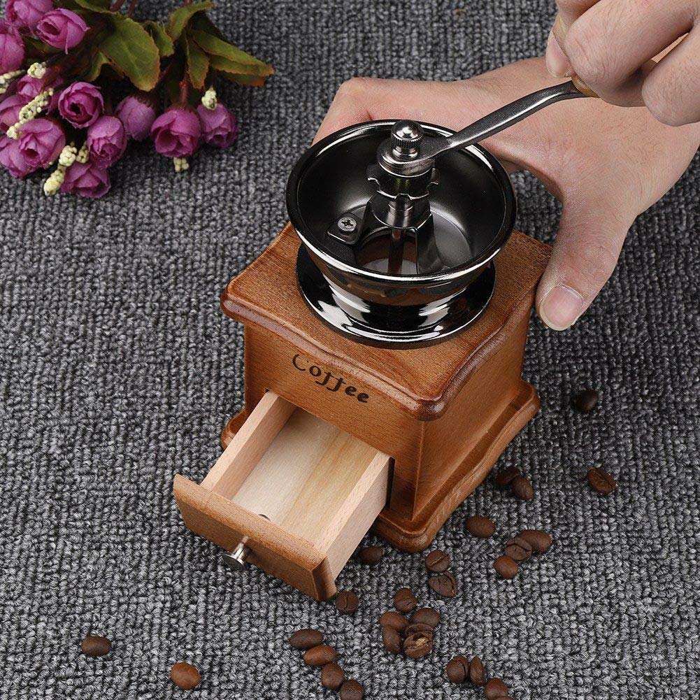 Queen.Y - Macinacaffè Manuale Vintage, Macina Caffè in Stile Retrò con Cassetto in Legno, Accessorio Caffè per Casa e Ufficio
