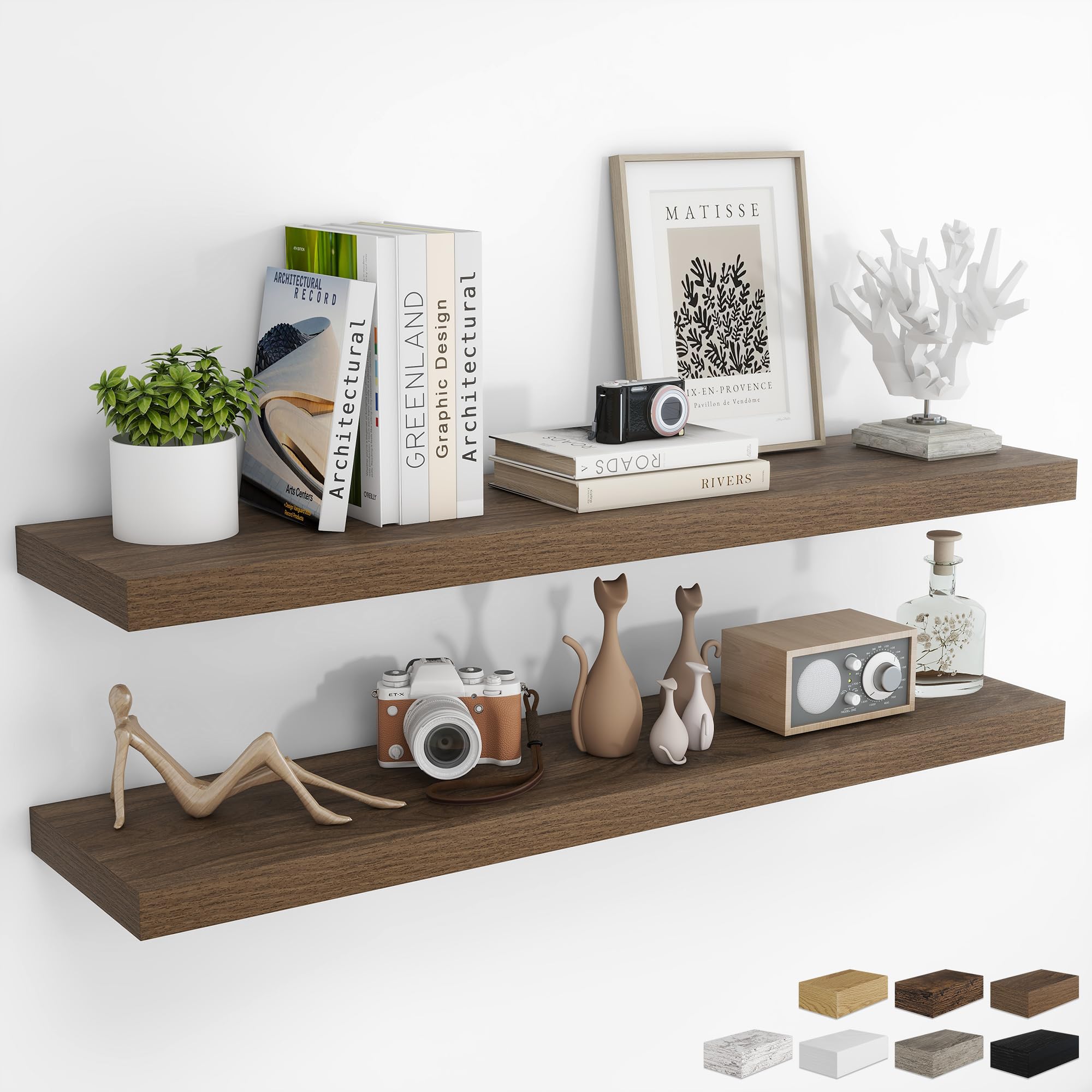 RICHFOCUS Long Floating Shelves for Wall 2Pack, Walnut, 48" Lx8 D