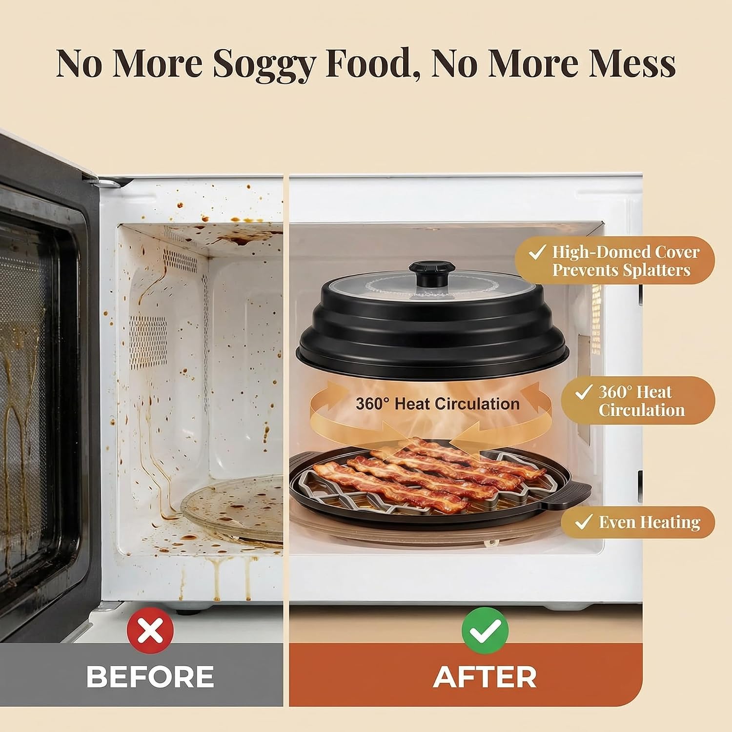3-Piece Microwave Bacon Cooker and Splatter Cover Set - Collapsible Microwave Lid with Silicone Grease Draining Rack and Oil Collection Tray - BPA-Free Crispy Bacon Tray for Healthier Cooking