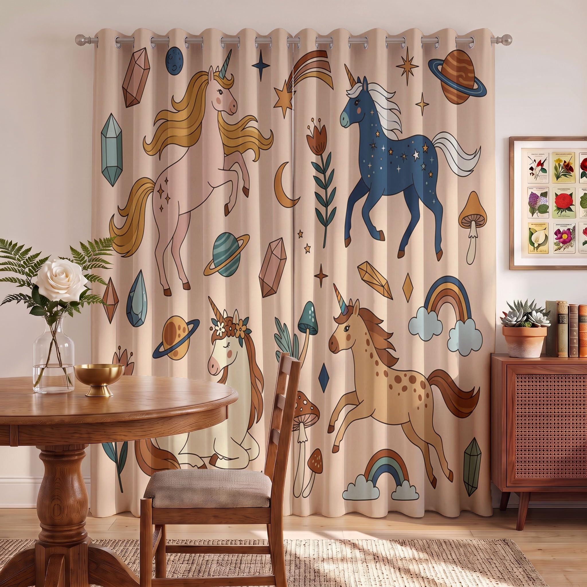 Style Dessin Animé Rideau Occultant - Licorne Rideau Thermique, Beige Marron Rideaux Chambre Salon Fenetre, Rideaux Draperies Intérieurs À Oeillets, L70×H160Cm (2 Panneaux)