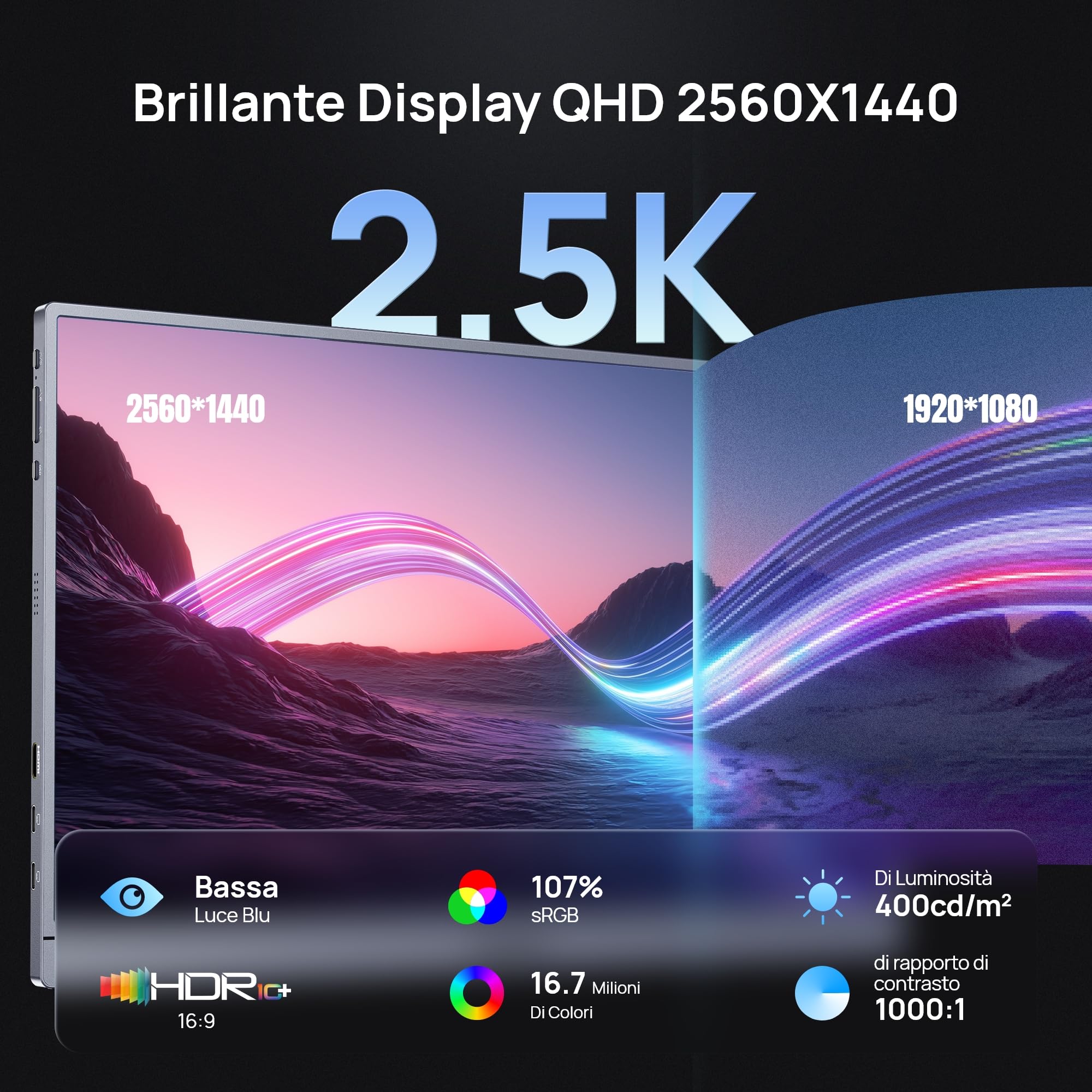 ARZOPA Monitor Portatile Z3FC 16.1" 2K QHD 180Hz | IPS HDR10 400 Nit | Ultra Sottile 780g in Alluminio | Compatibile con PC, Mac, PS5, Xbox, Switch | Grigio Spaziale-Z3FC