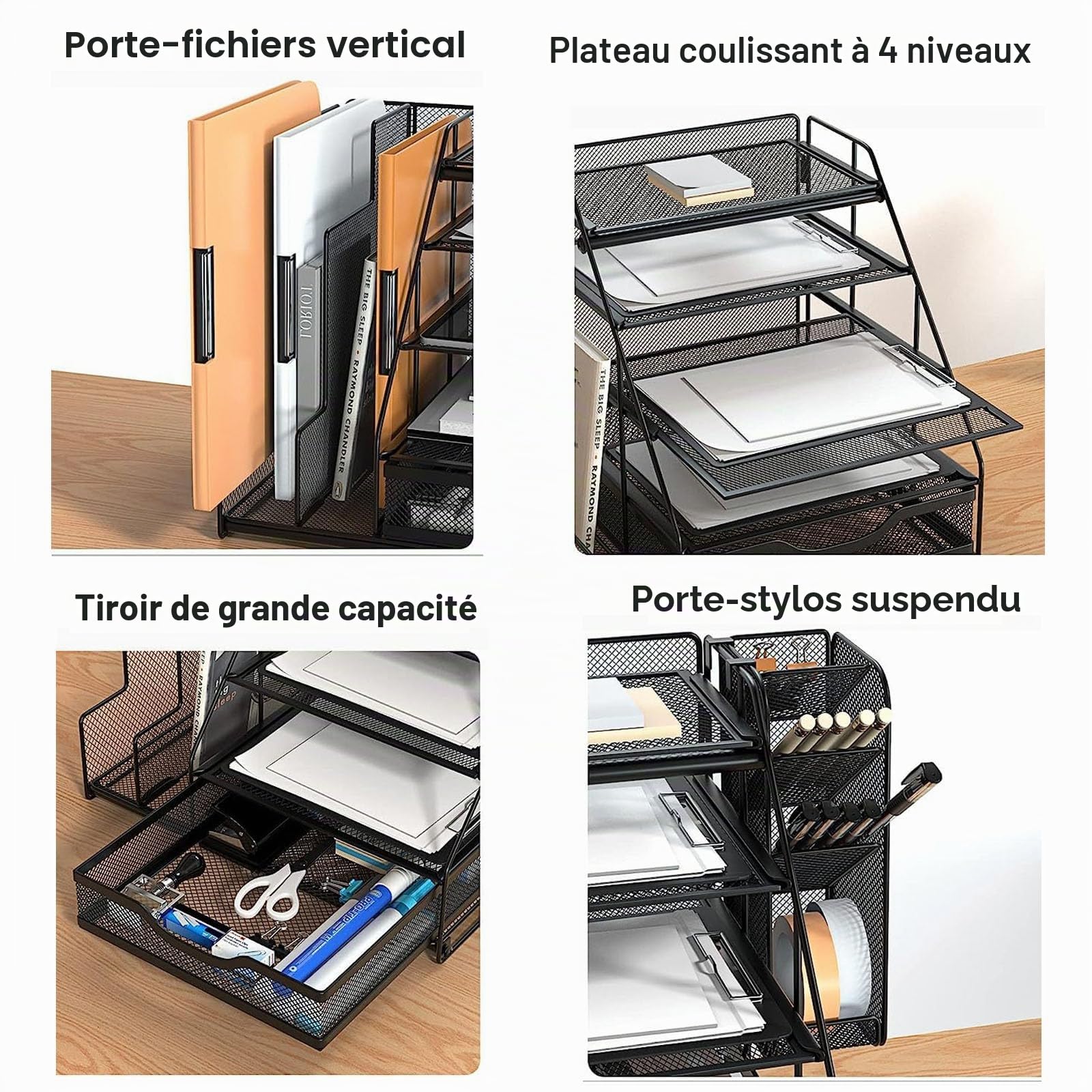 Organiseur de Bureau Avec Supports Verticaux Dossiers, Rangement Bureau Courrier à 5 Niveaux En Maille Avec Porte-Stylo Suspendu et Tiroirs, Fournitures et Accessoires Multifonctions Pour Bureau,Ecole