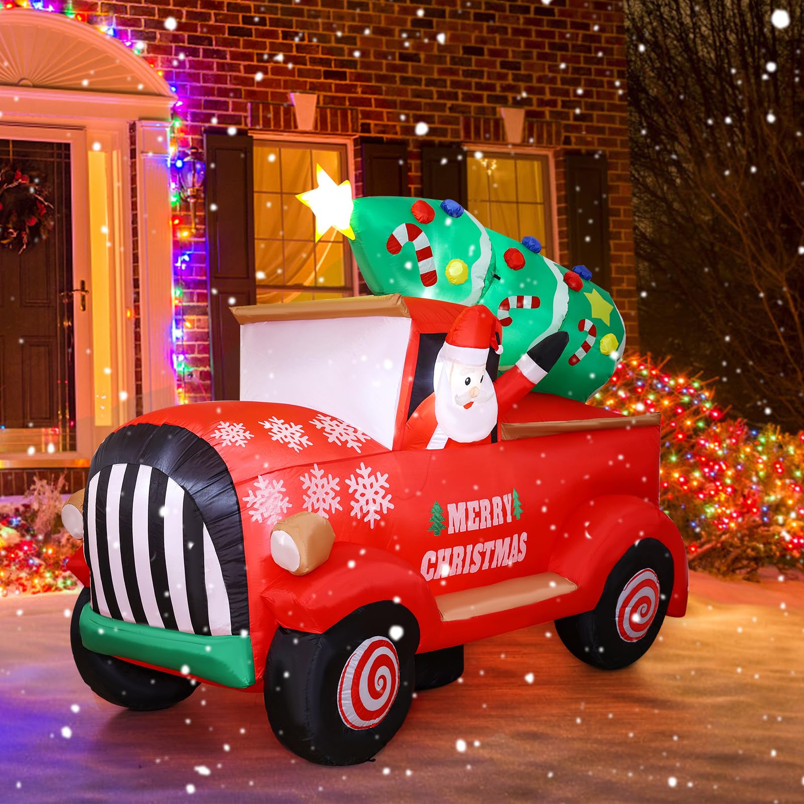 Photo 1 of 7.2FT Christmas Inflatable Santa Claus Drives Red Car with Christmas Tree Christmas Blow Up Yard Decoration Built-in LED Lights for Christmas Holiday Garden Lawn