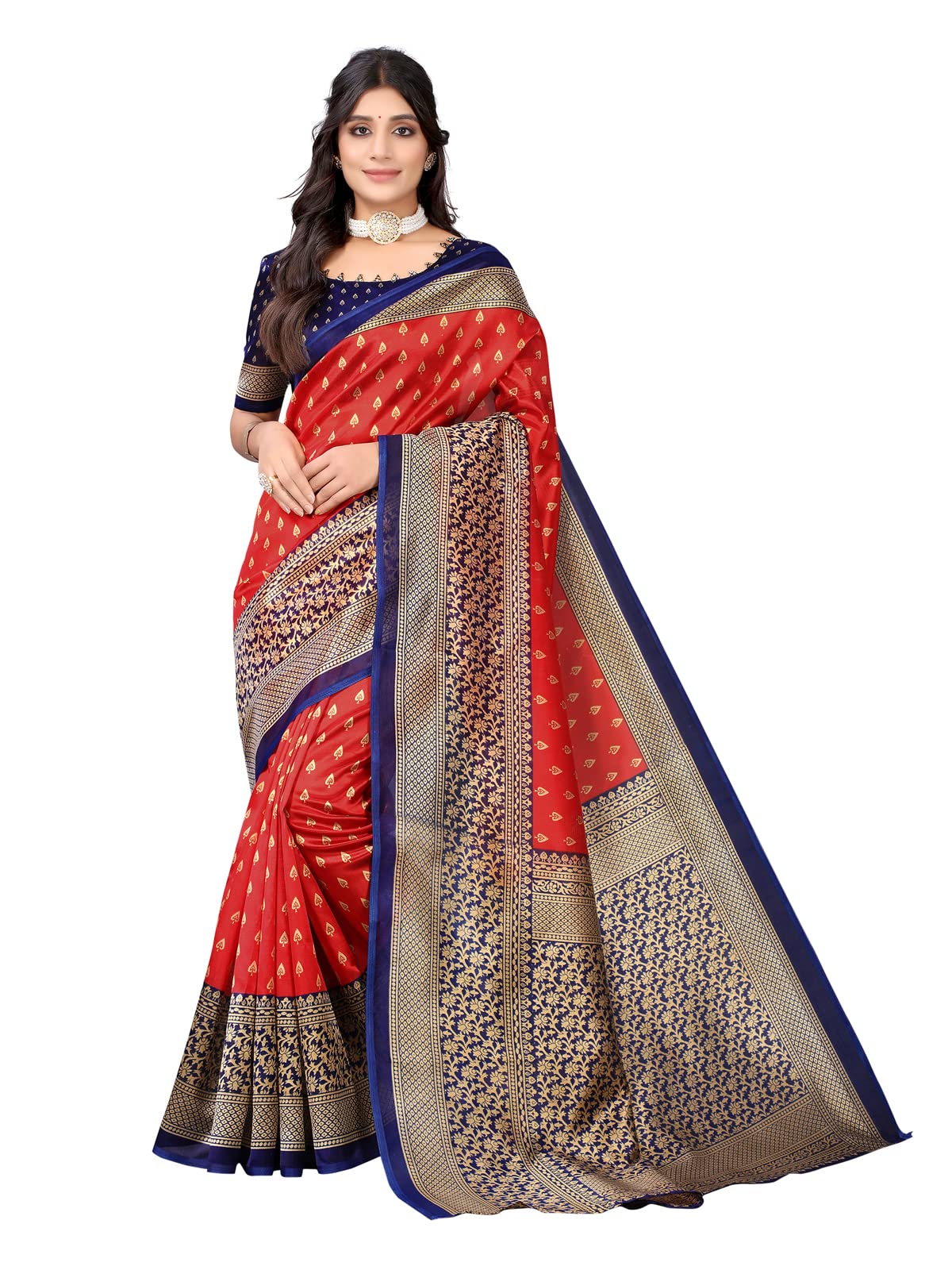 Satrani Women's Printed Poly Silk Saree with Unstitched Blouse Piece