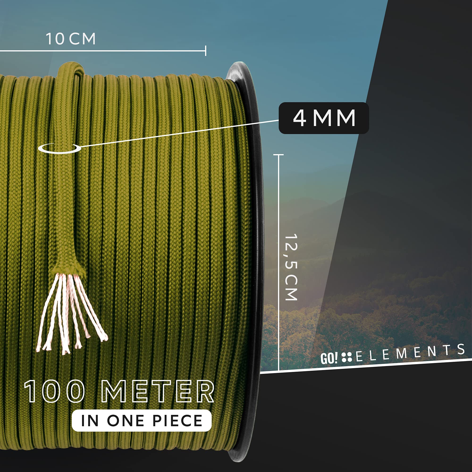 GO!Elements 550 Paracord – 4mm Type III, Scheurvast Nylon, 100m Rol, Max. 250kg Treksterkte, Voor Outdoor En Knutselen