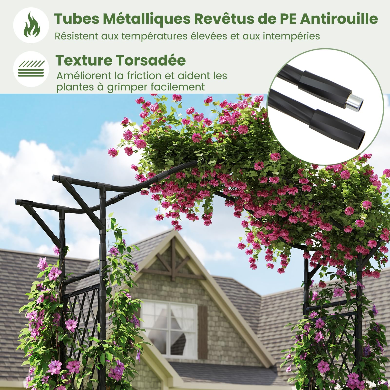 GOPLUS Arche de Jardin 210 CM avec Treillis, Arceau Porte de Jardin Rosiers Exterieur en Métal pour Plantes Grimpantes,Plantes Vignes, Décoration de Fête Mariage (Noir,170 x 39 x 210 cm)