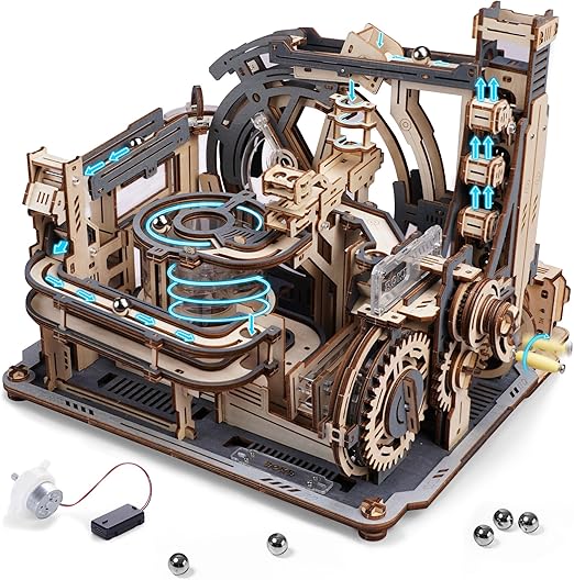 ROBOTIME Motorized Wooden Puzzles for Adults - 3D Puzzles for Adults LGC01 Marble Spaceport - Wooden Marble Run Model to Build - Space/STEM/Engineering Gift